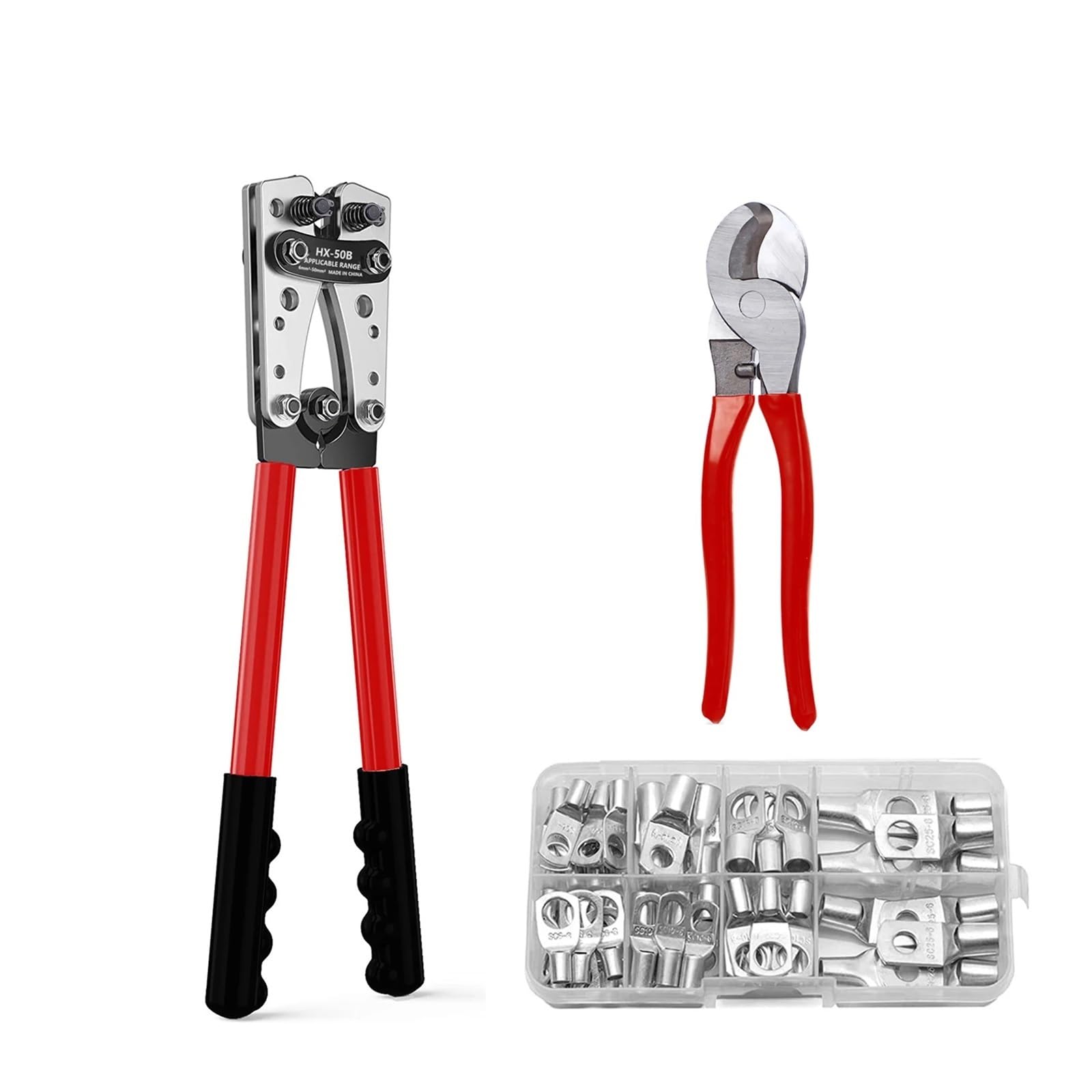 Battery Cable Lug Crimping Tool Kit with Cutter and Copper Lugs Assortment Heat Shrink Tubing Wire Crimper for Electrical(50B 60A Silver Term)