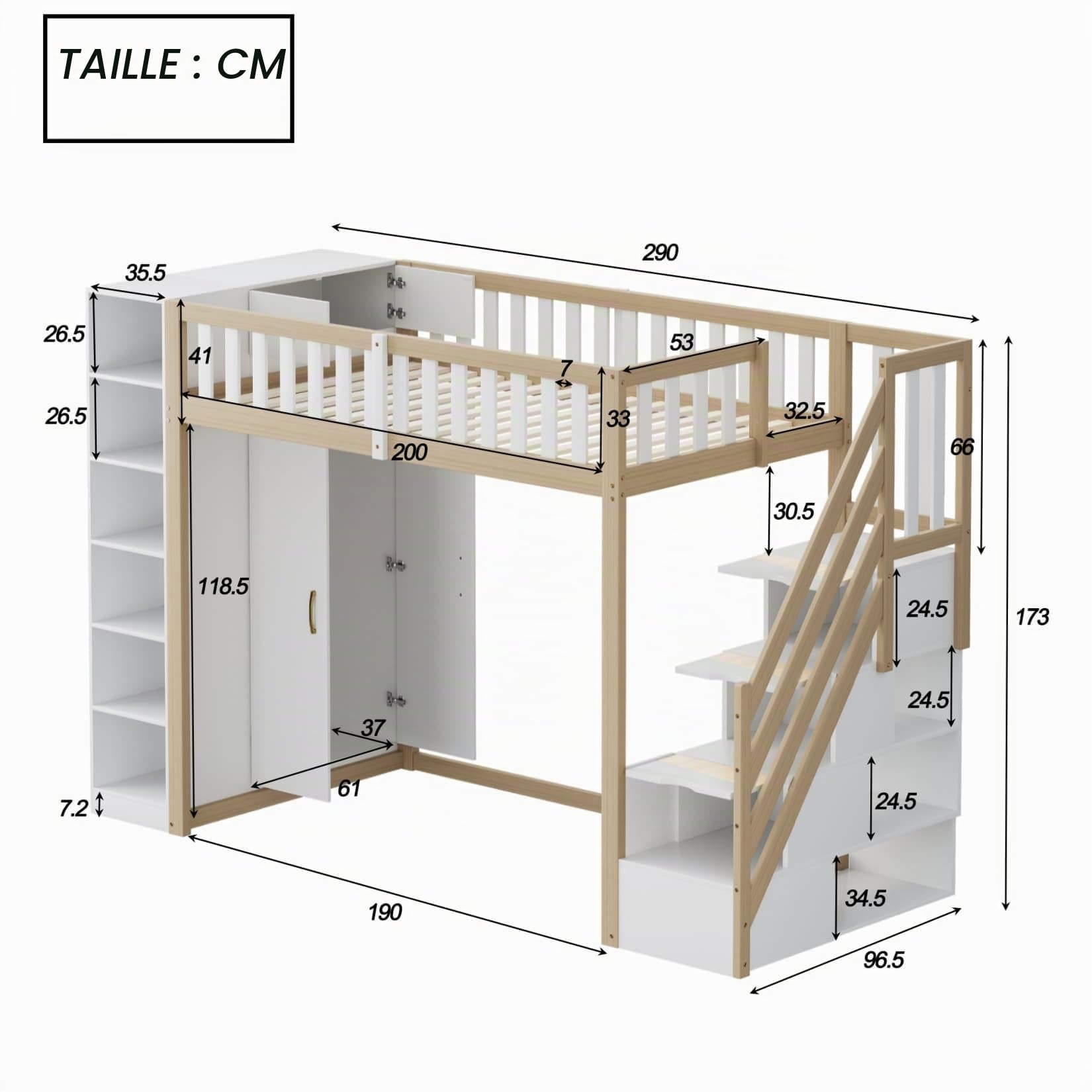 EURHCIO Lit Mezzanine 1 Place,Lit Mezzanine Enfant 90x200 avec Grandes armoires,Armoire de Chevet,échelles de Rangement,étagères,Haute Barrière,pour Enfants Adolescents (Naturel)