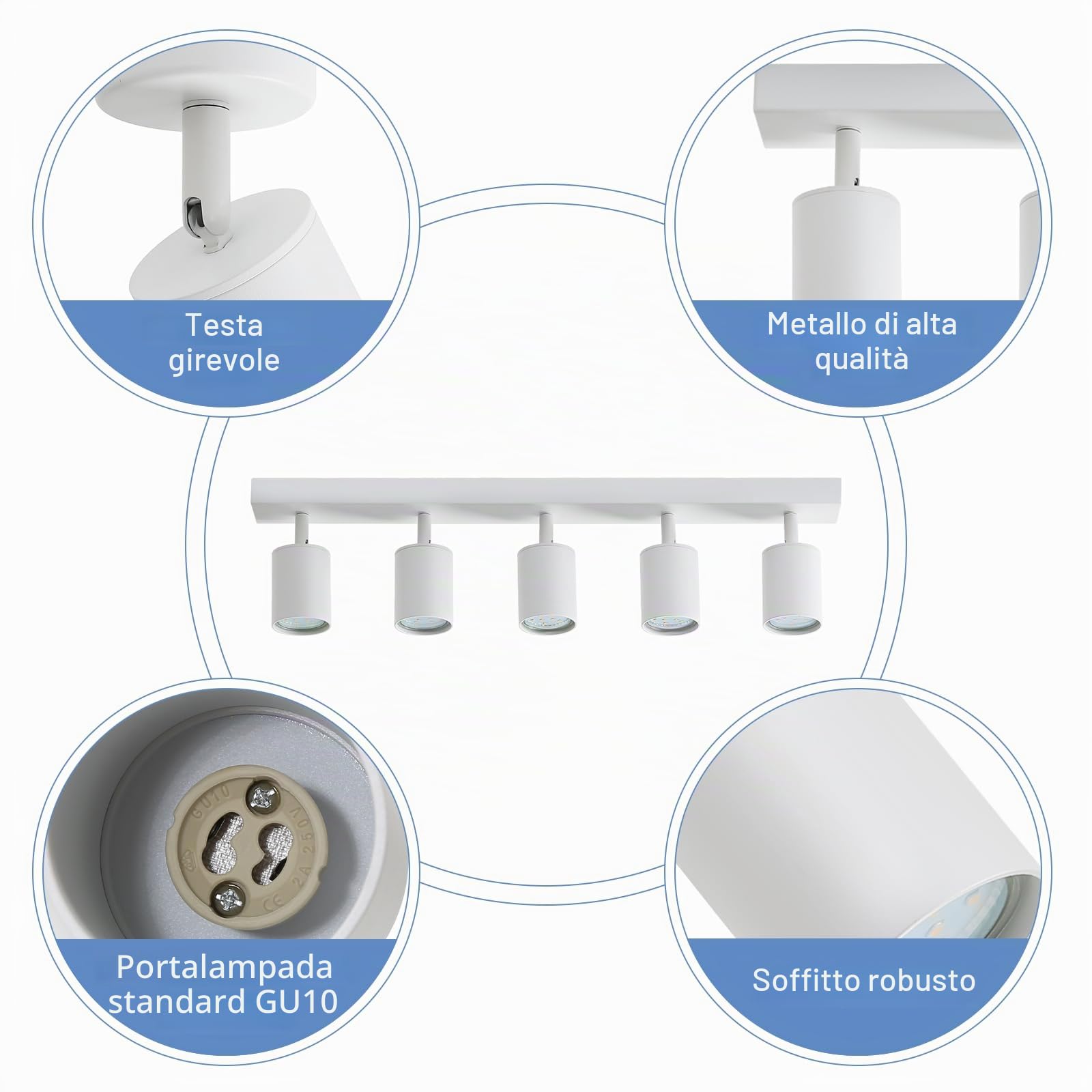 Faretti LED Soffitto 5 Luci Lampada da Soffitto Bianca Moderni | Orientabili Lampadario Faretti da Parete GU10 Illuminazione Interni per Soggiorno Cucina Salotto