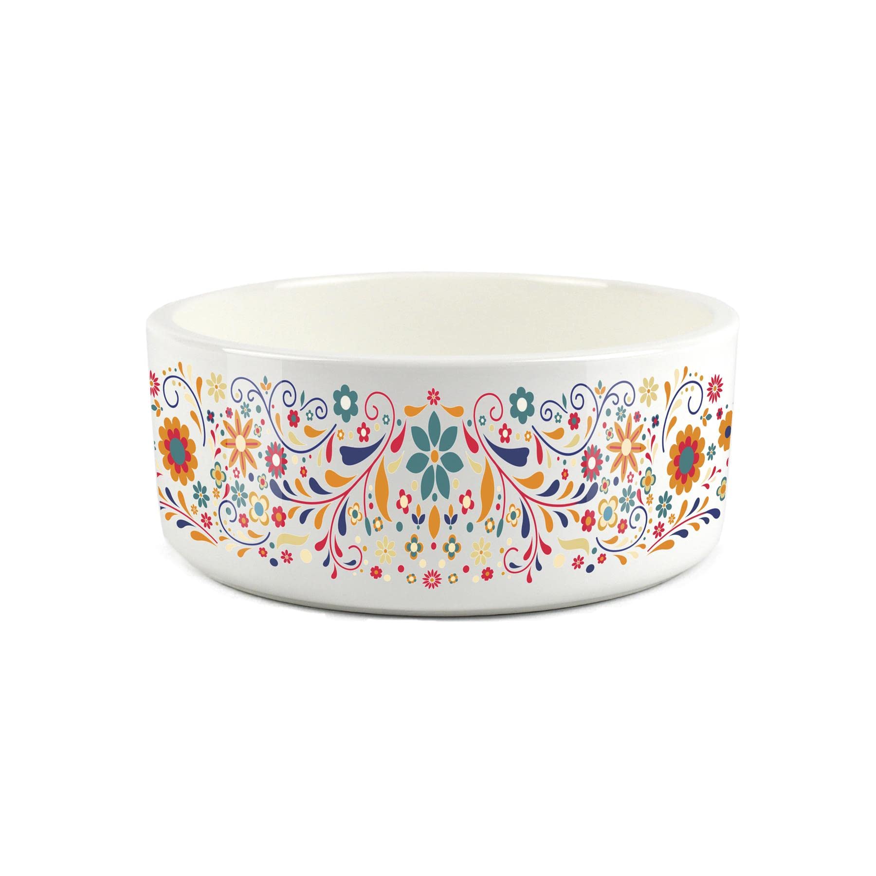 Mexican Floral Colourful Large Pet Food Bowl - Ceramic White & Multicolour Bright Food Water Dish For Dogs