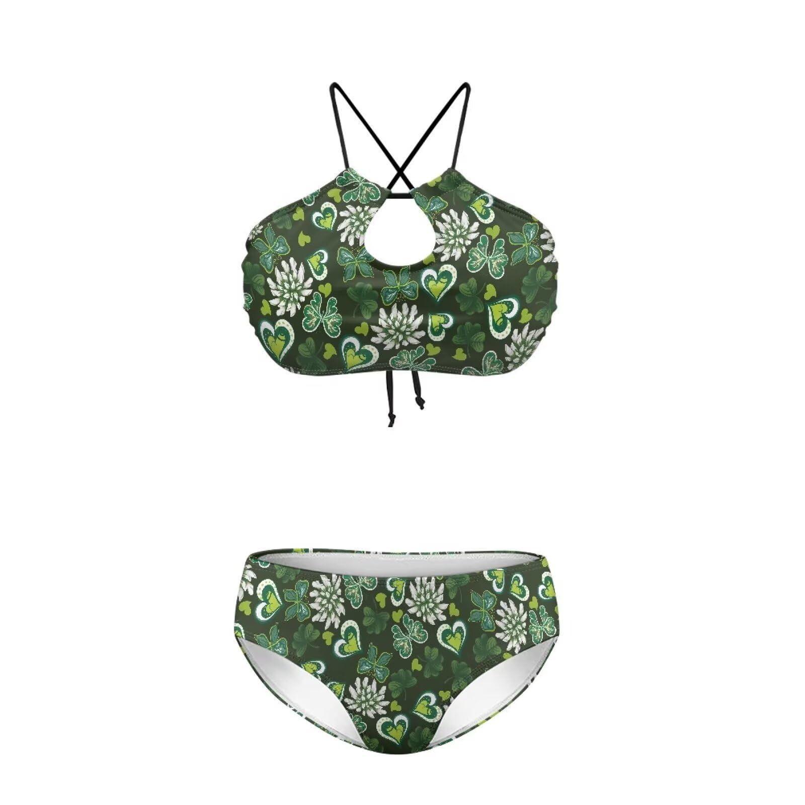 Brosoneto Green Heart Flower Women's Bikini Set String Swimwear Strappy Bikini Set Sexy 2 Piece Back TieSwimsuits Halter Triangle Sexy Bathing Suit Soft