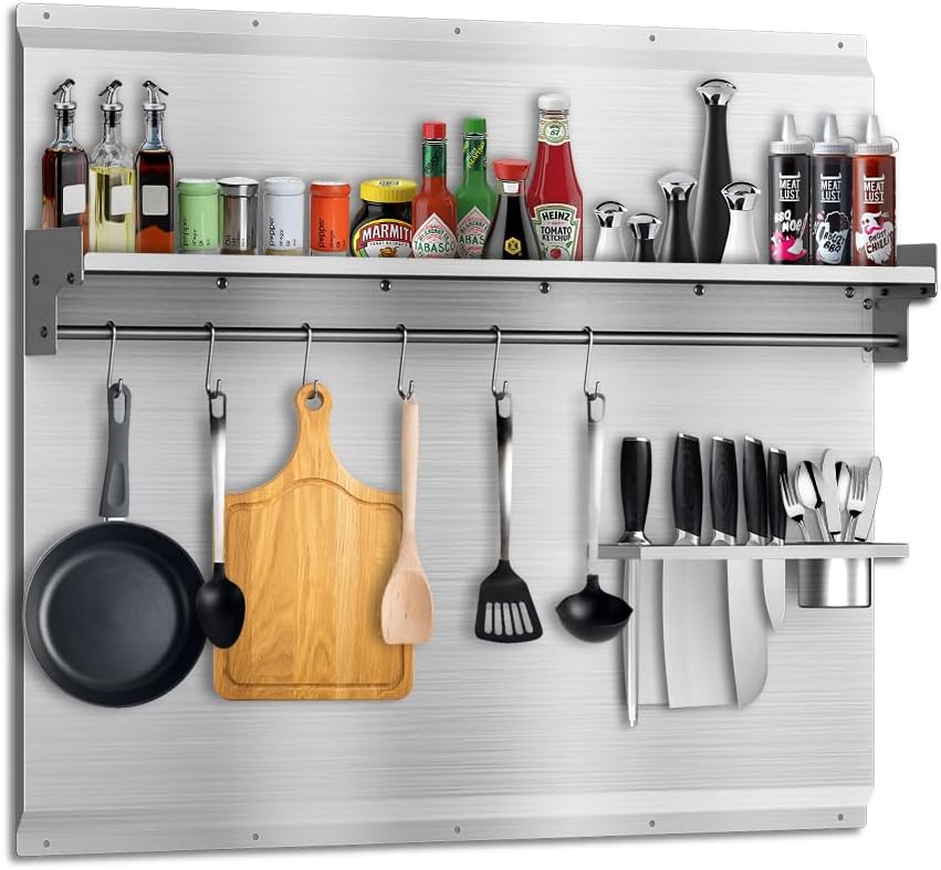 30"x30" Stainless Steel Range Backsplash with Stove & Range Hood - Wall Mount Kitchen Back Panel with Storage Shelf & Knife Rack, Pre-Drilled Holes, Easy to Clean & Install 30" x 30"