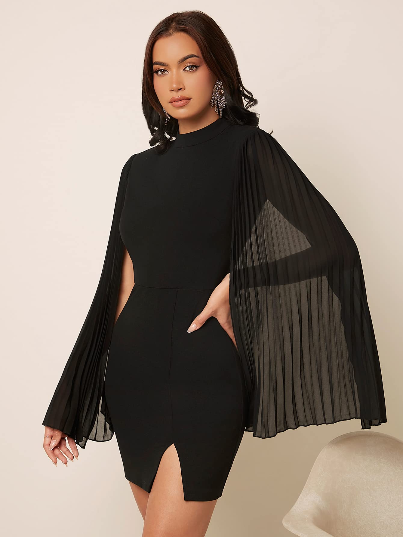 WDIRARA Women's Mock Neck Pleated Cloak Long Sleeve Split Hem Cocktail Bodycon Cape Dress Black XL