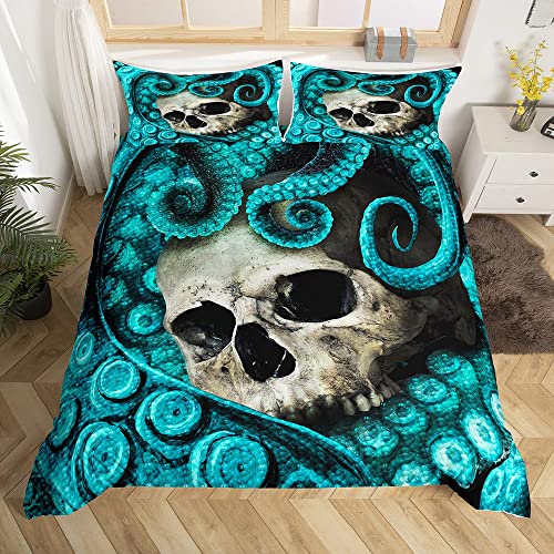 Feelyou Octopus Duvet Cover Set Queen Size 3D Print Skull Bedding Set Blue Decorative Luxury Horror Microfiber Polyester Comforter Cover With 2 Pillow Shams, Zipper, Marine Life, 3 Pieces #TOP7