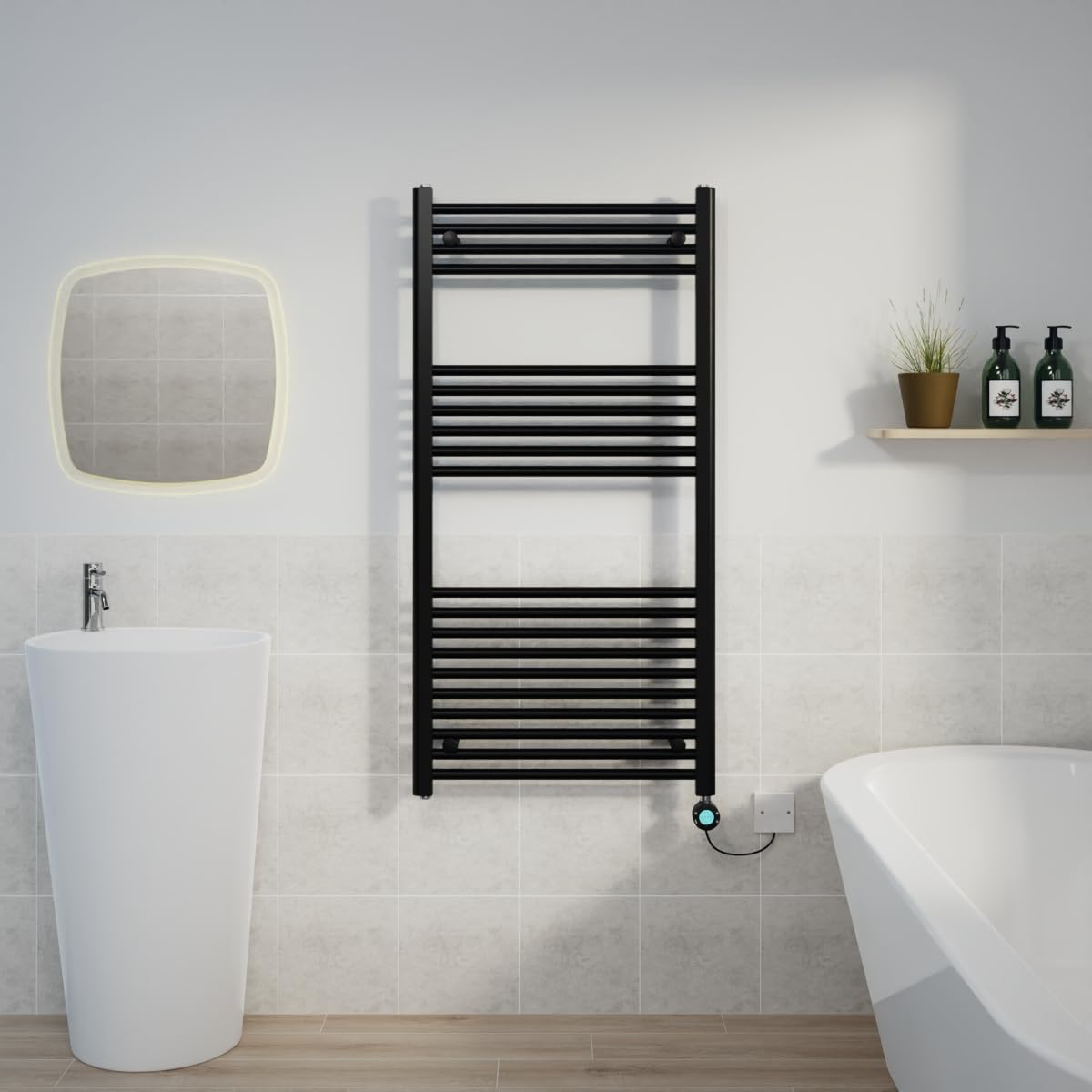 Warmehaus Black Electric Heated Towel Rail Straight Thermostatic Bathroom Towel Radiator with Timer - 1200x600mm 600W