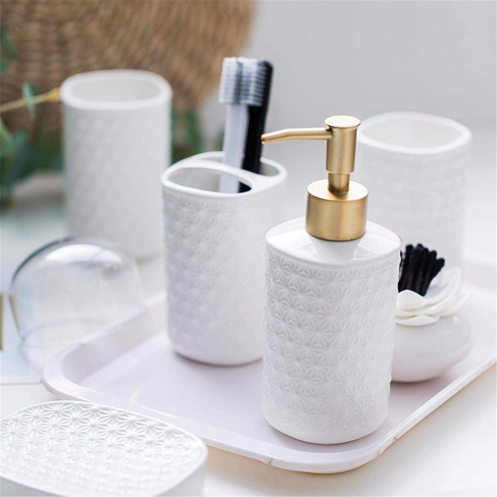 Łazienka Ceramiczny Dozownik Mydła 5 Sztuk Zestaw Do Mycia, Uchwyt Na Szczoteczkę Do Zębów Łazienka, Kubki Do Płukania Jamy Ustnej, Uchwyt na Szczoteczkę Do Zębów Butelka Dozownika Płynu