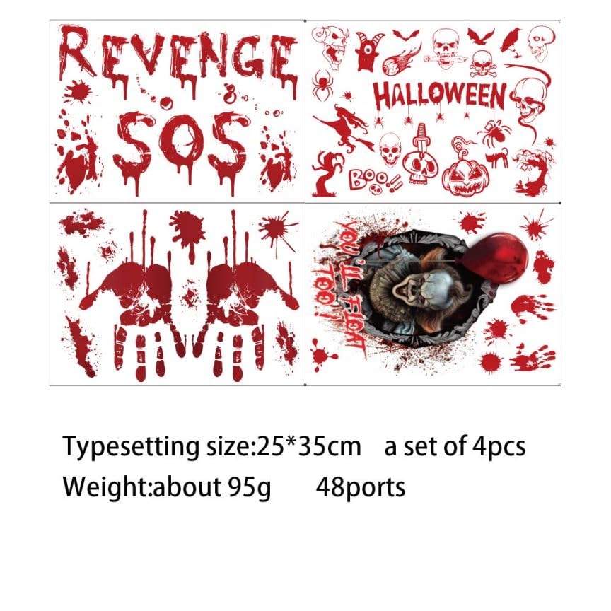 48Pcs Halloween Decorations: 4 Sheet Bloody Handprint & Footprint Stickers, Scary Window & Floor Clings with Tattoo Stickers