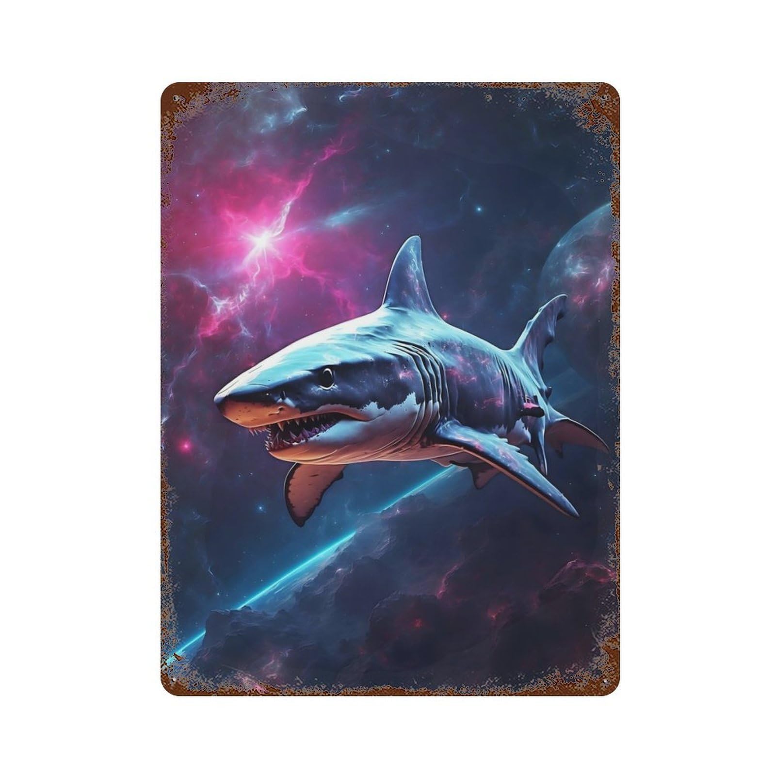 Shark in Space 15.7"x11.8" Retro Metal Sign, Industrial Home Decor for Basement, Hobby Room And Garage Decor