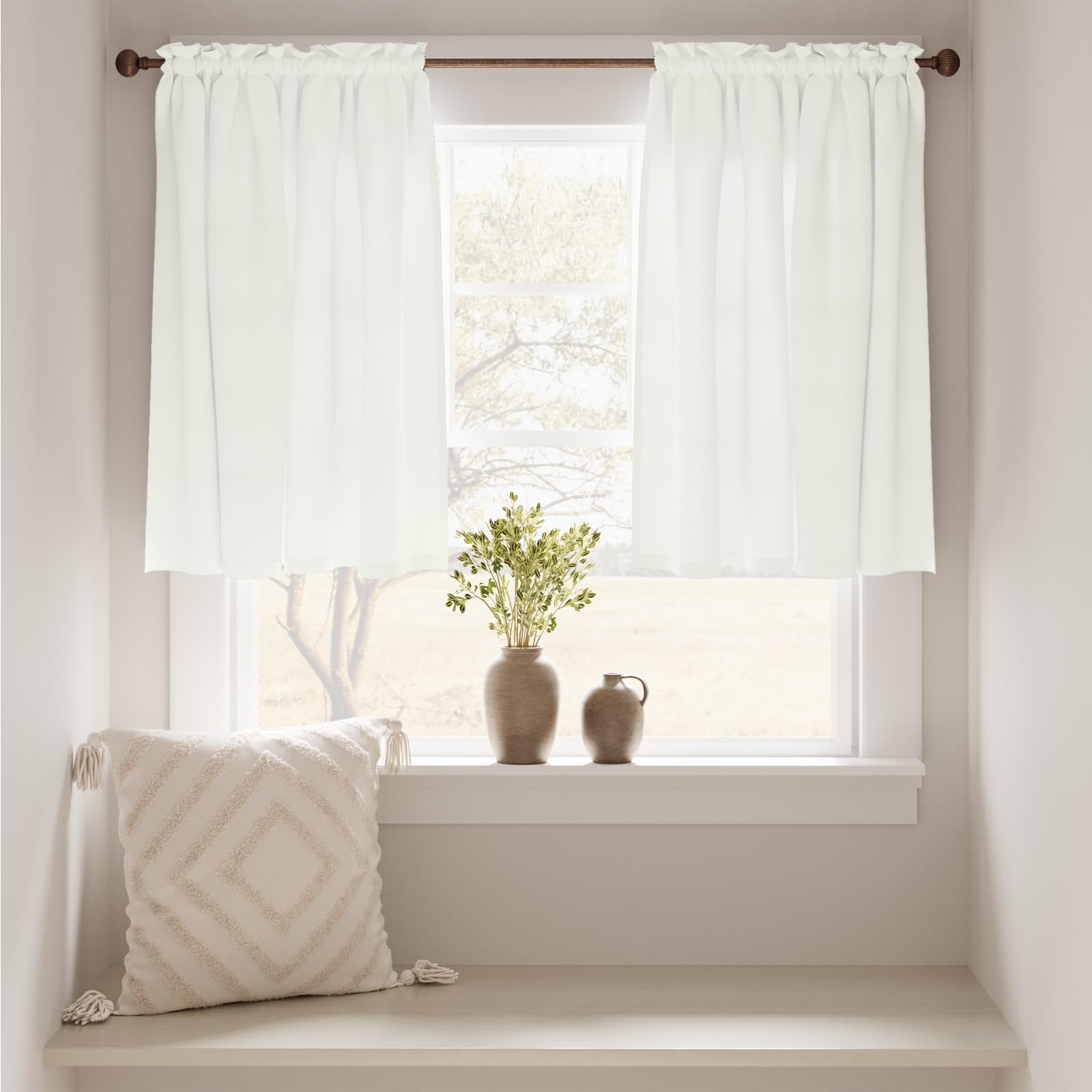 TOPICK Faux Linen Kitchen Curtains 24 Inch Drop Small Cafe Curtains Privacy Textured Curtain Tiers for Bathroom Sink Laundry Rod pocket 2 Panels Pale Yellow Ivory - Image 3