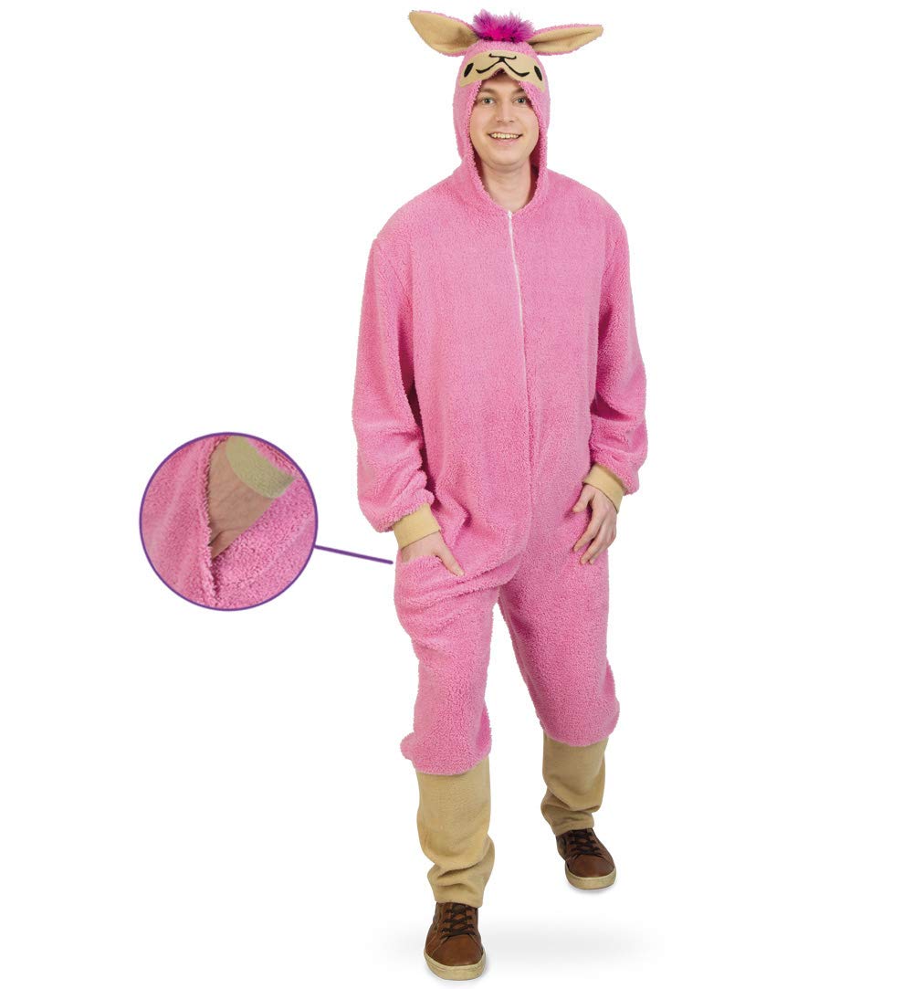 KarnevalsTeufel.de Kostüm Lama für Erwachsene lustiges Tierkostüm in pink Plüsch-Overall mit Kapuze