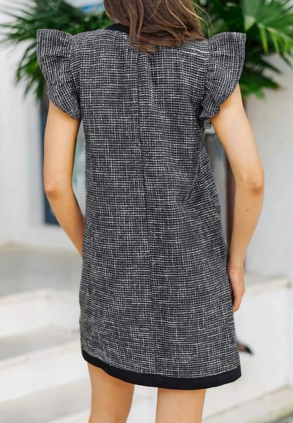 Womens Tweed Dress Elegant V Neck Ruffle Sleeve Button Down Bow Tie Shift Mini Dress with Pockets4