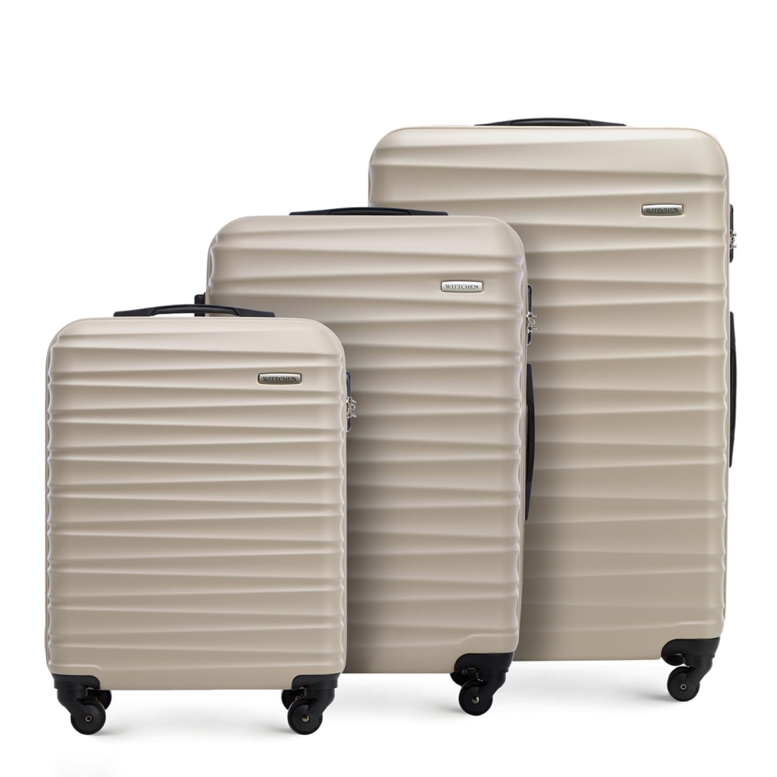 Wittchen Reisekoffer 3er Koffer-Set Rollkoffer Trolley Handgepäck Reisekofferset Gepäckset Hartschale aus ABS 4 Spinner-Rollen Zahlenschloss Groove Line beige Lufthansa/Eurowings/Ryanair/Condor