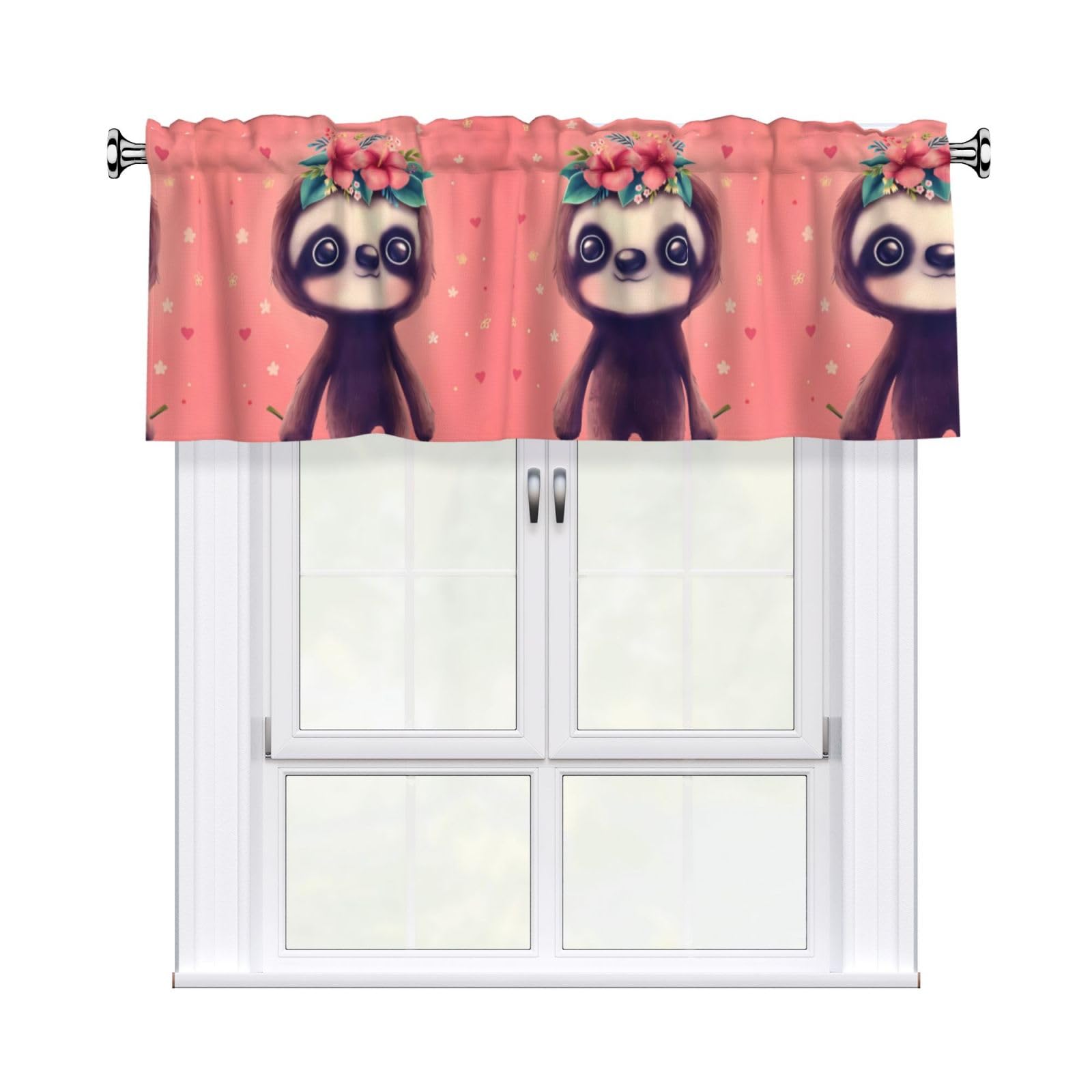 WHJSHOP Cute Sloth Prints Curtain Valance 54x18 Inch - Peach Skin Window Layer with Delicate Print, Filtered Light for Kitchen Use