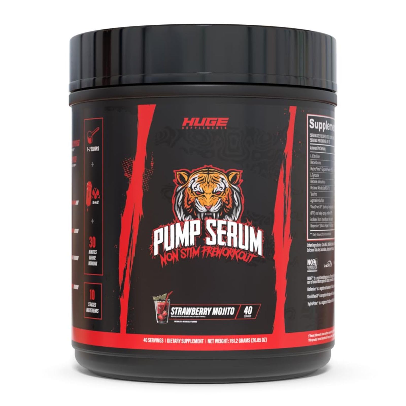 Huge Supplements Pré-treino sem estimulantes com L-Citrulina 10.000 mg, 40 porções