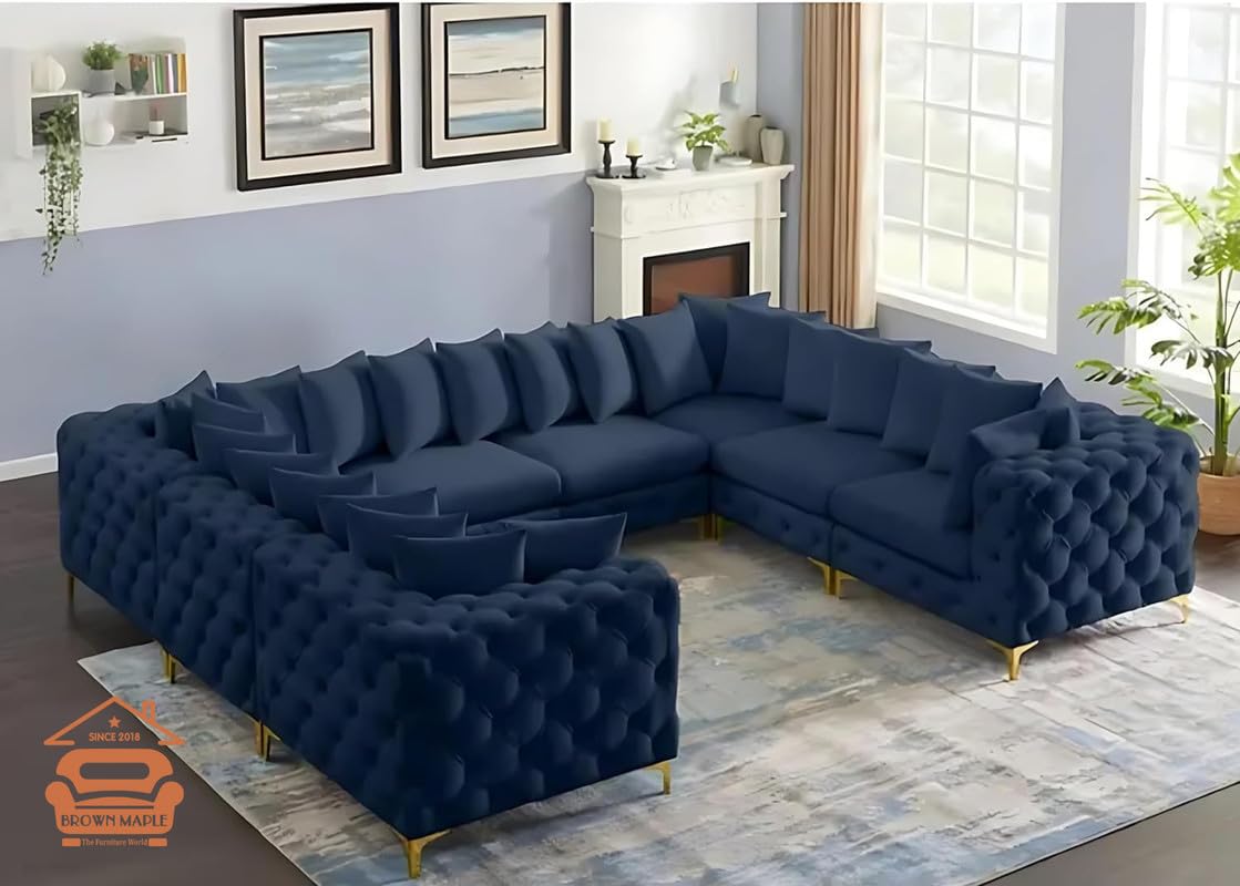 Brown Maple U-Shape Sectional Sofa for Living Room 10-Seater | Fabric Sofa Set Seating Capacity 12 Persons | Pre-Assembled(Blue)-image-5