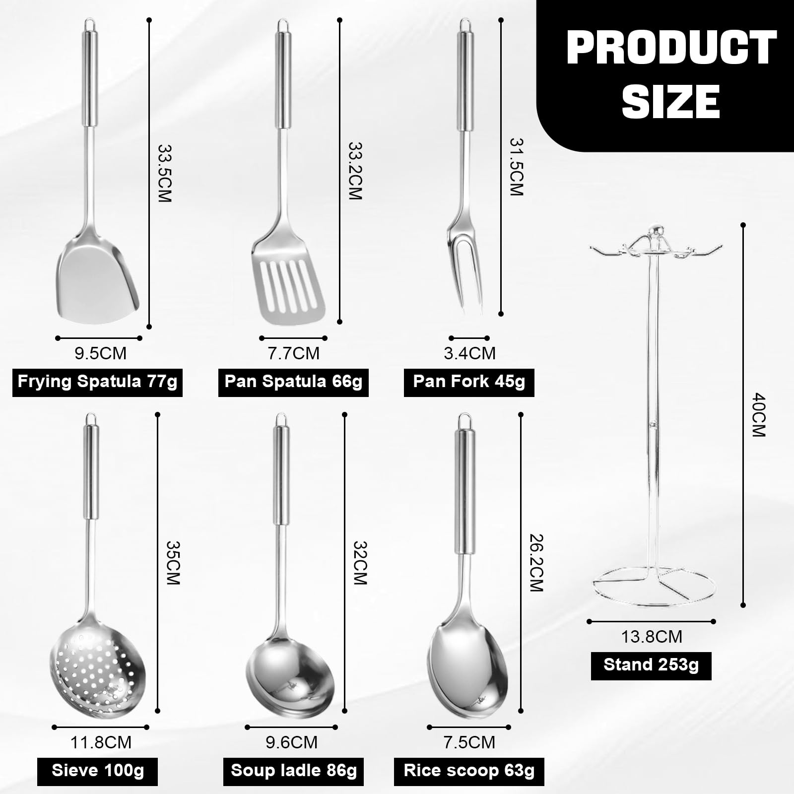 Set Utensili Cucina in Acciaio Inox 7 Pezzi, Set Pentole con Supporto (Mestolo, Schiumarola, Paletta, Forchettone, Cucchiaio per Riso), Lavabile in Lavastoviglie, set pentole acciaio ino