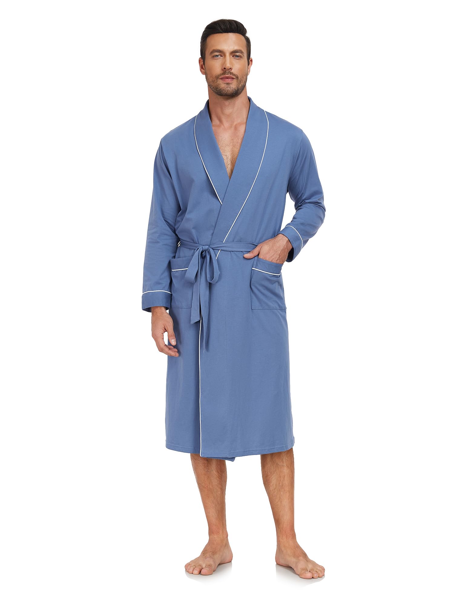 COLORFULLEAF Men's 100% Cotton Summer Robe Lightweight Long Bathrobe Breathable Knit Sleepwear Spa Robe with Pockets