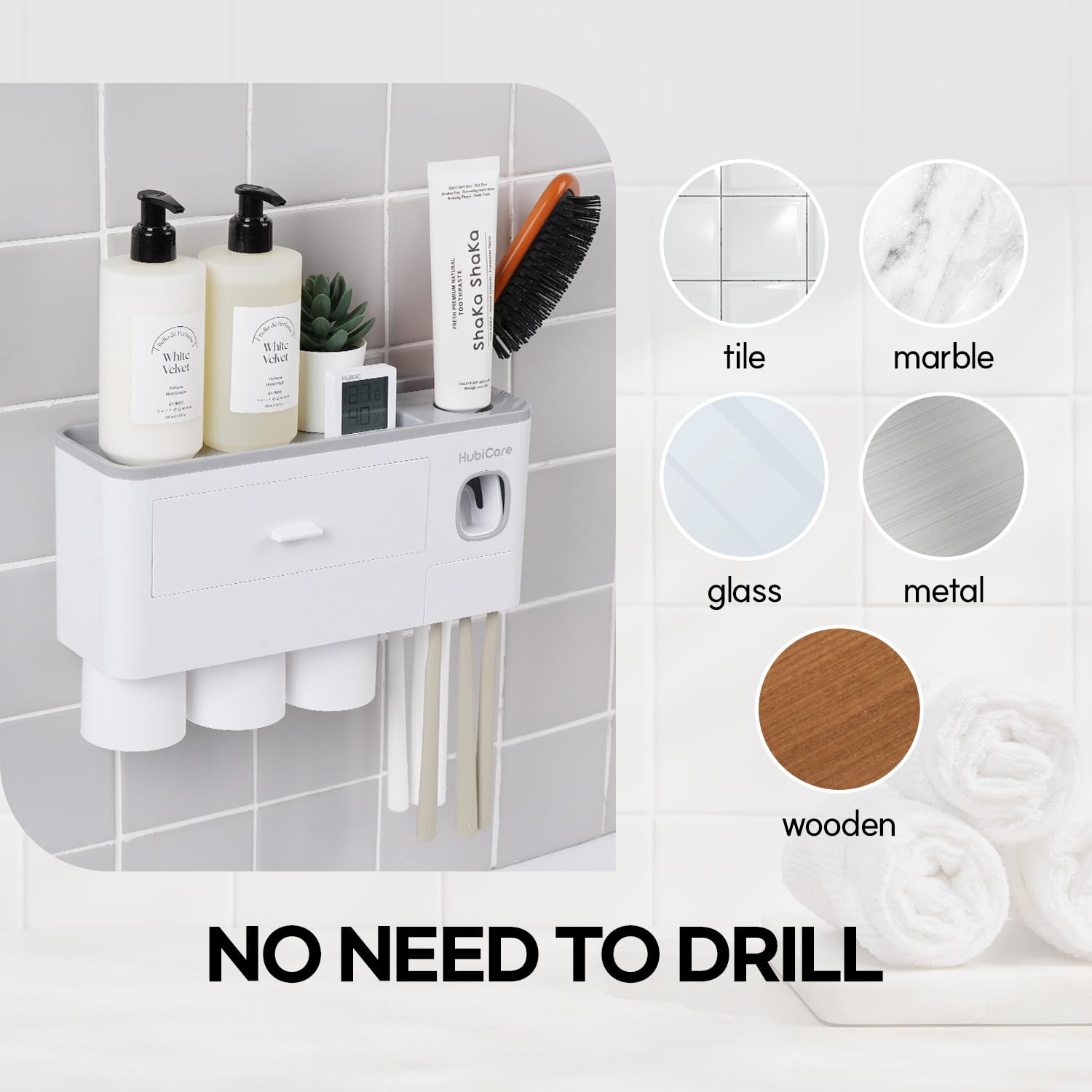 HubiCare - Portaspazzolino con dispenser per dentifricio, montaggio a parete, per bagno, spremi dentifricio, organizzazione e conservazione del bagno, 5 scomparti per spazzolini (3 tazze)