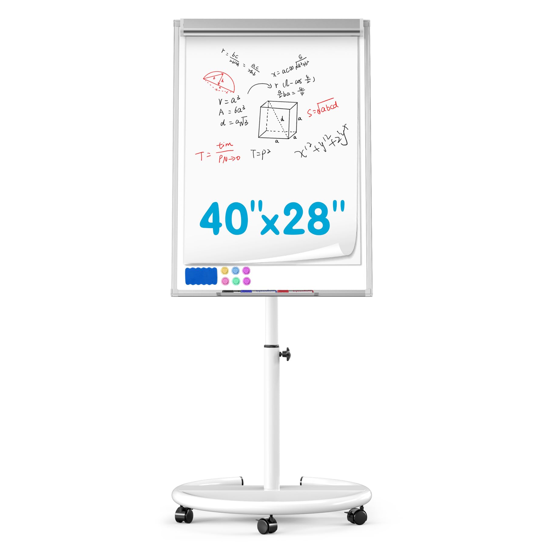 Mobile Dry Erase Board on Wheels 40 x 28 Inch-Magnetic Whiteboard Easel with Height Adjustable Stand - Rolling Presentation Board with Flipchart Paper