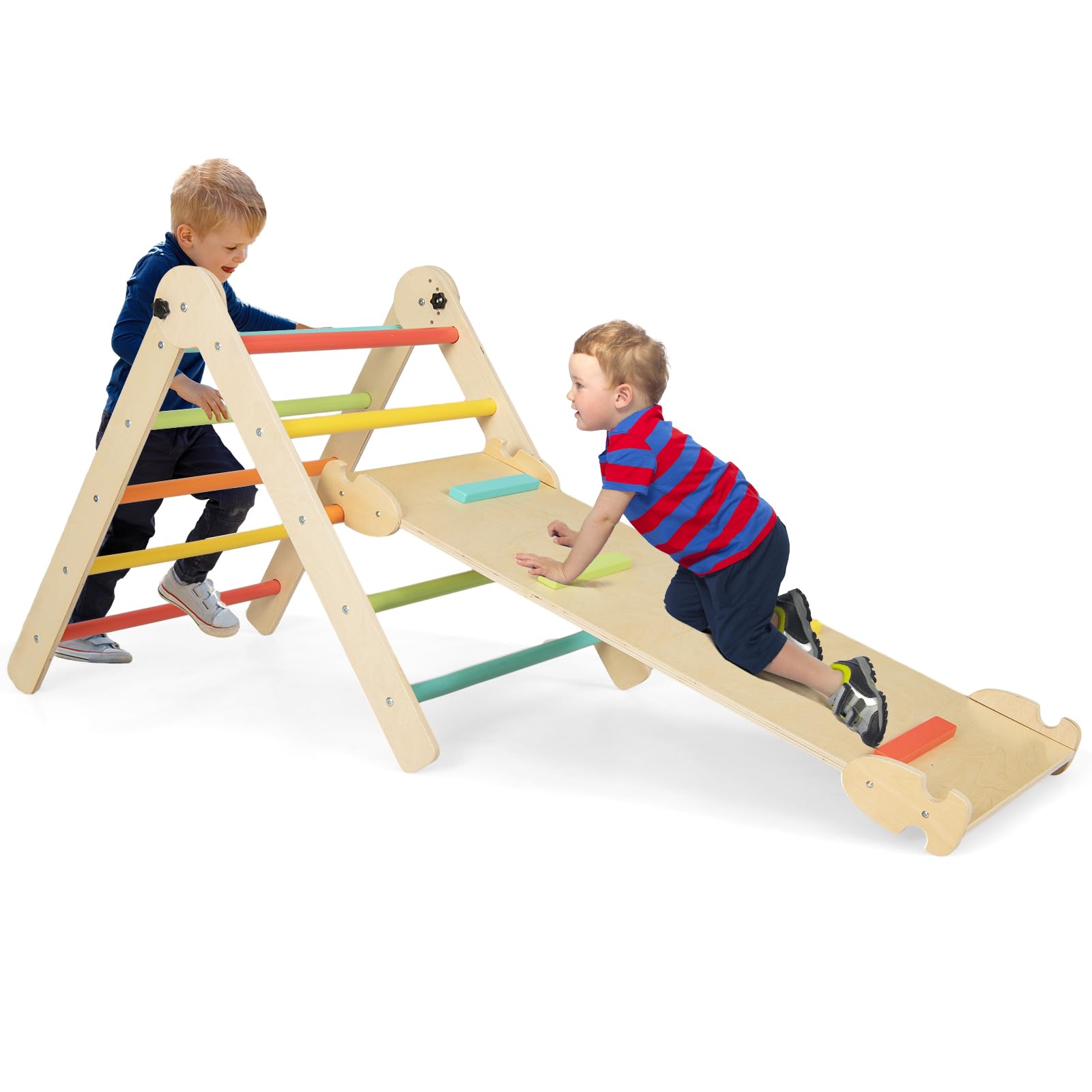 Costzon Climbing Toys for Toddlers, 4 in 1 Foldable Wooden Montessori Kids Triangle Climbing Toys with Adjustable Angle’s Ramp for Climb & Slide, Baby Climbing Gym Indoor Kids Boys Girls Gift Set