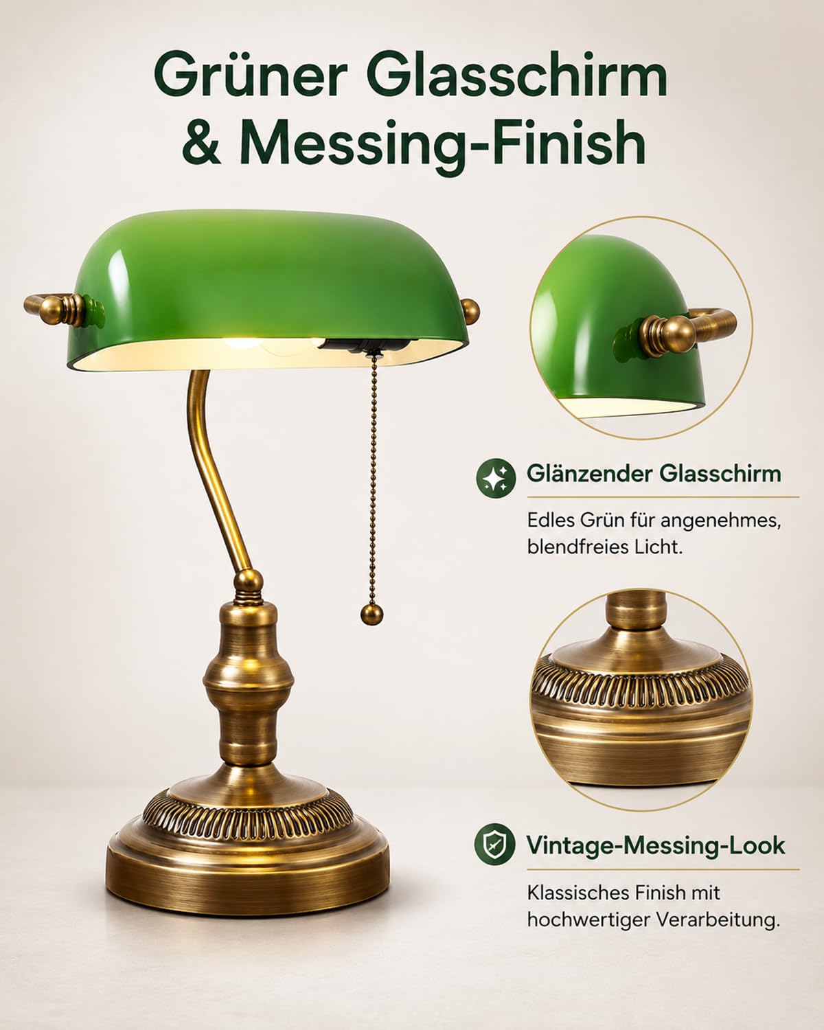 LANMOU Lampada da Banchiere Verde, E27, Paralume In Vetro | Tradizionale Lampada da Scrivania Retrò, Interruttore Cerniera, Finitura Ottone, Luce Ministeriale, Biblioteca
