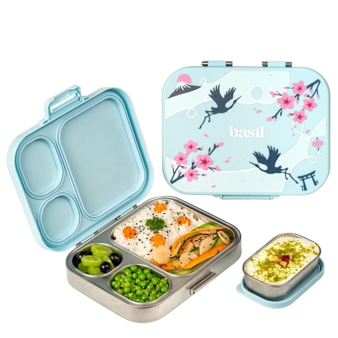 Basil Bento Box Quad Plus – 3+1 Compartment Stainless Steel Lunch Box (1020ml) with BPA-Free Lid | Leak-Proof Tiffin for Kids & Adults | Premium Lunch Box for School, Office & Picnic – Sakura Bloom