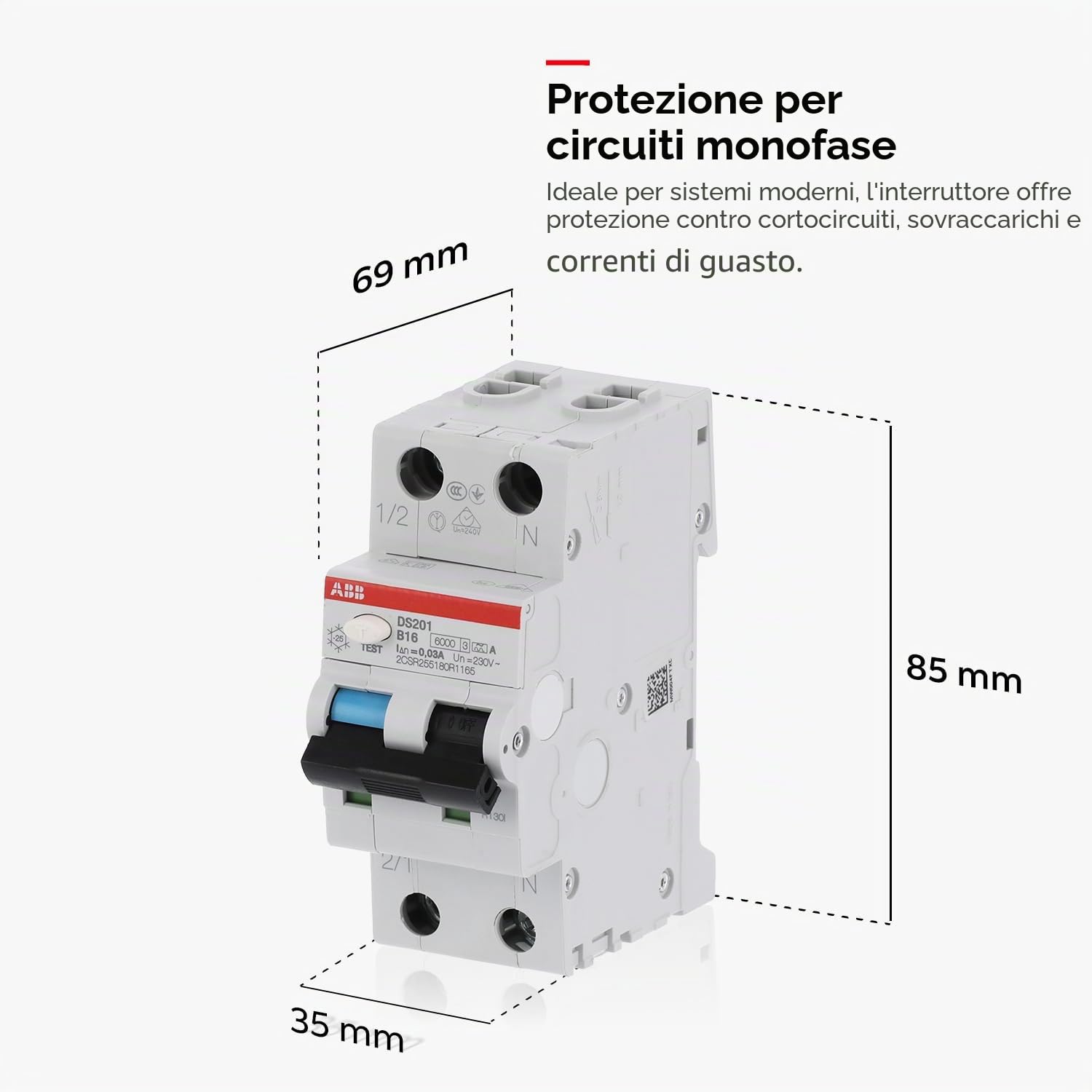 ABB DS201A-B16 DS201A-B16/0,03 - Interruttore FI/LS 6kA, 1P+N, tipo A, B 16, 30mA, grigio, 2 TE