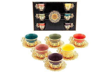 PARK & OZ Premium 12 Pc Turkish Greek Arabic Coffee Espresso Cup Saucer with Metal Holders Porcelain Set | Tea Serving Set for Women, Men, Adults, Guests or For Tea Party - Best gift idea