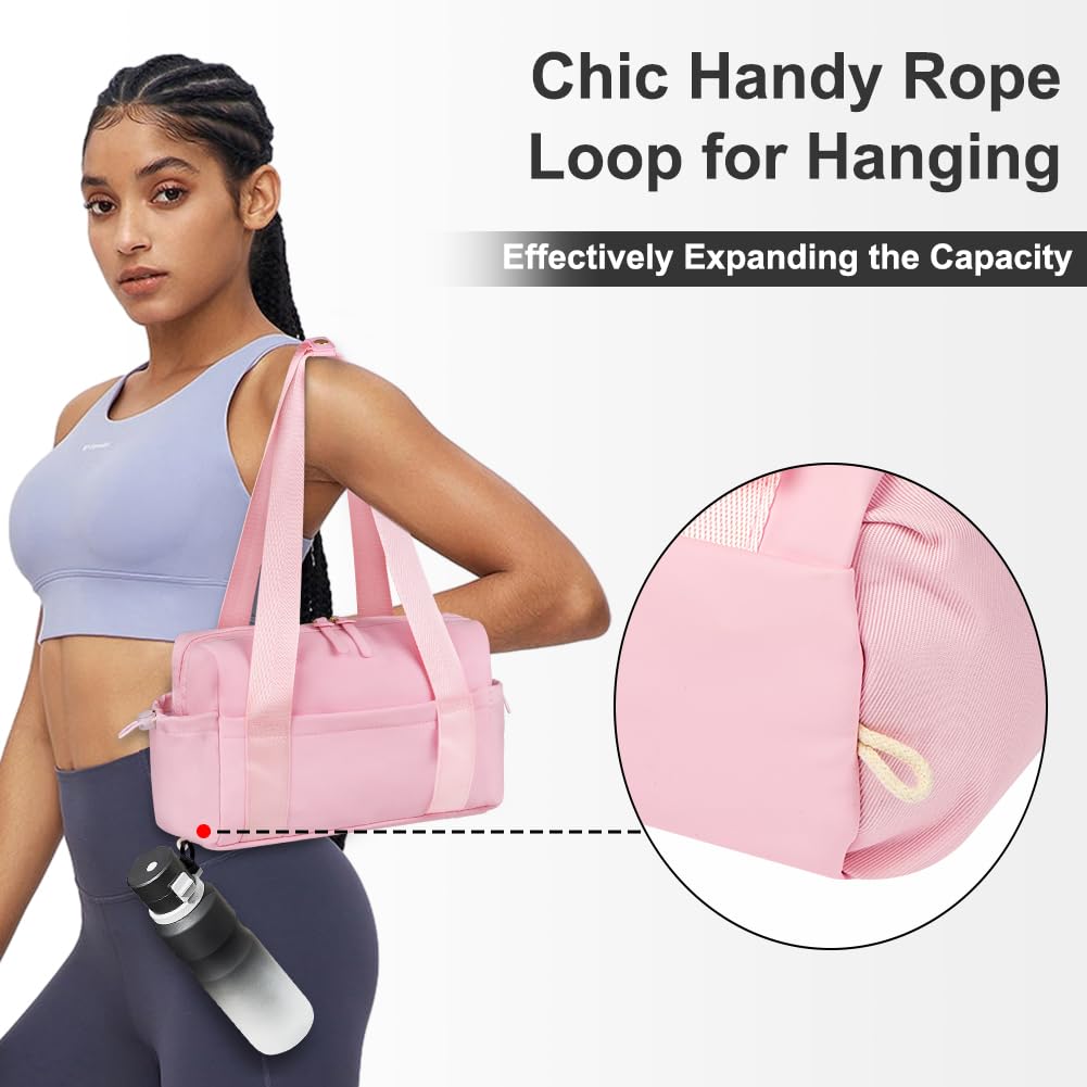 Flintronic Damska mini torba na siłownię, wodoodporna, przenośna, mała płócienna torba z regulowanym paskiem i kieszenią na mokro, mini torba treningowa do fitnessu, jogi, pilatesu, Różowy kolor