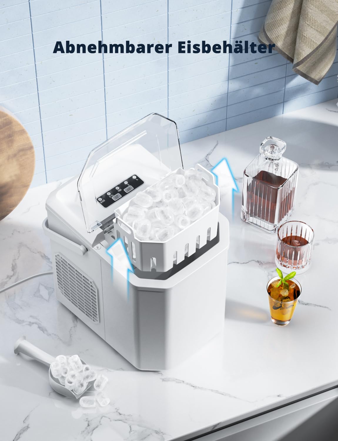 Eiswürfelmaschine, 12kg/24h Eiswürfelbereiter Professioneller Eisbereiter 1,5L Ice Maker 6-13Min Produktionszeit Ice Cube Maker, Eiswürfel Maschine (MEHRWEG)
