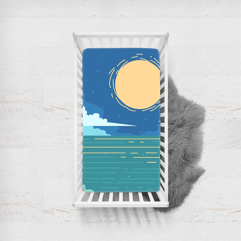 Odot Cot Bed Sheets Fitted Sheets Travel Cot Sheets Cartoon Blue Ocean Print Microfiber Cozy Lightweight Breathable Mattress Protector for Baby Bedside Cribs Bassinet (Full Moon,45x90cm)