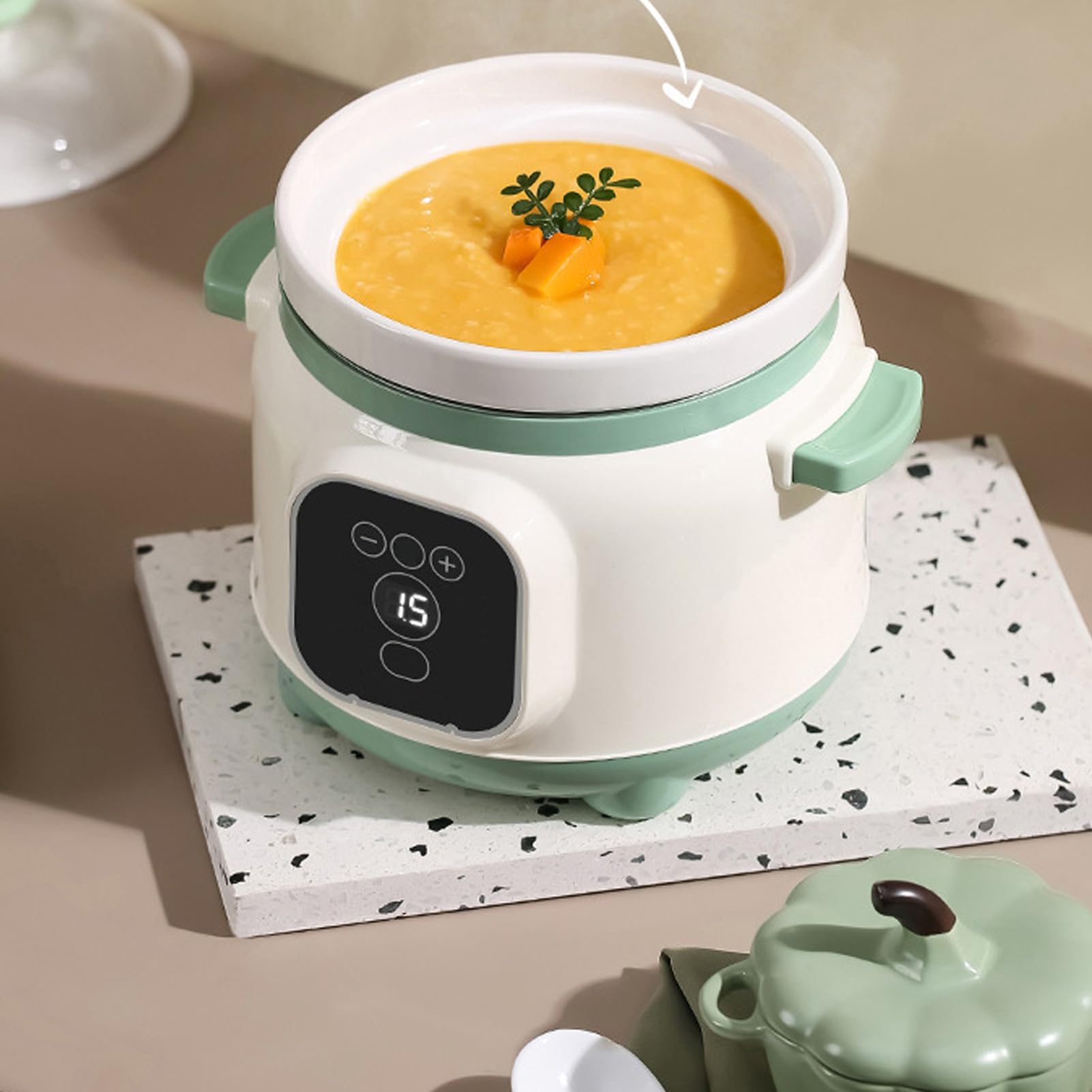 Olla para Estofado Eléctrica de 1,8 L, Olla de Cocción Lenta Eléctrica, Olla de Cerámica con Tiempo Ajustable, Mini Olla para Estofado de Cerámica con Ajustes Previos y