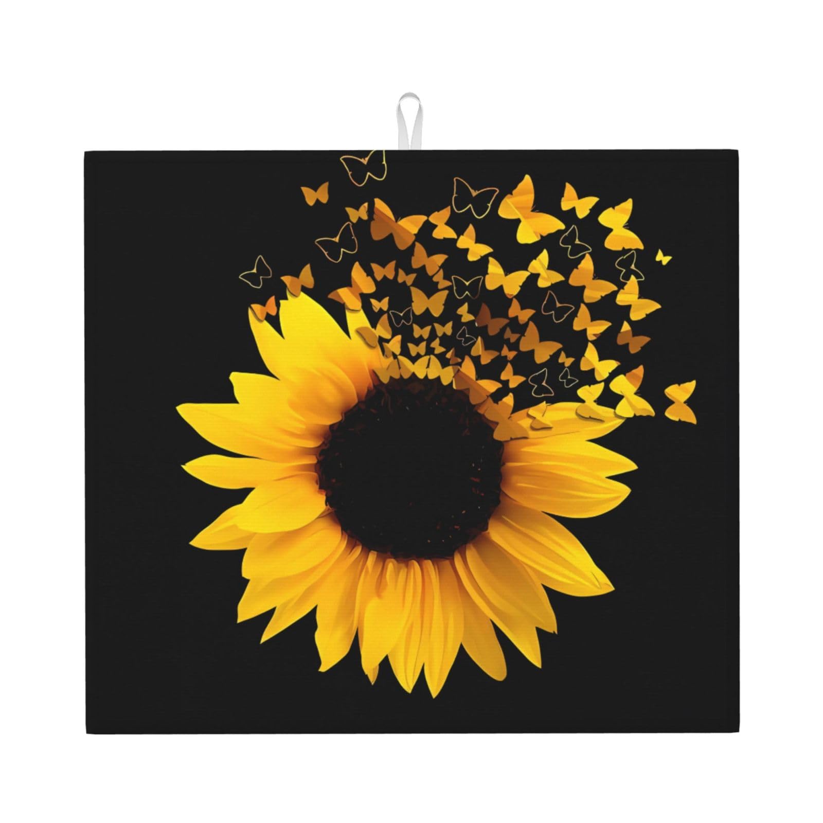 Yyhwhjde Black Sunflower Floral Butterflies Art Prints Kitchen Drying Mat – Absorbent Dish Throw For Countertop, Non-Slip Layer With Vibrant Prints, Ideal For Housewarming