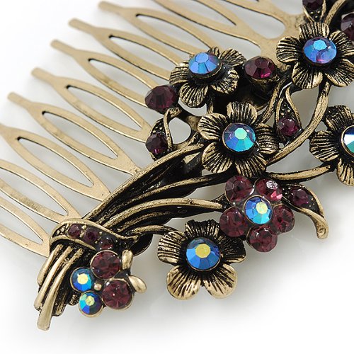 Vintage Inspired Deep Purple/ AB Diamante 'Flowers' Side Hair Comb In