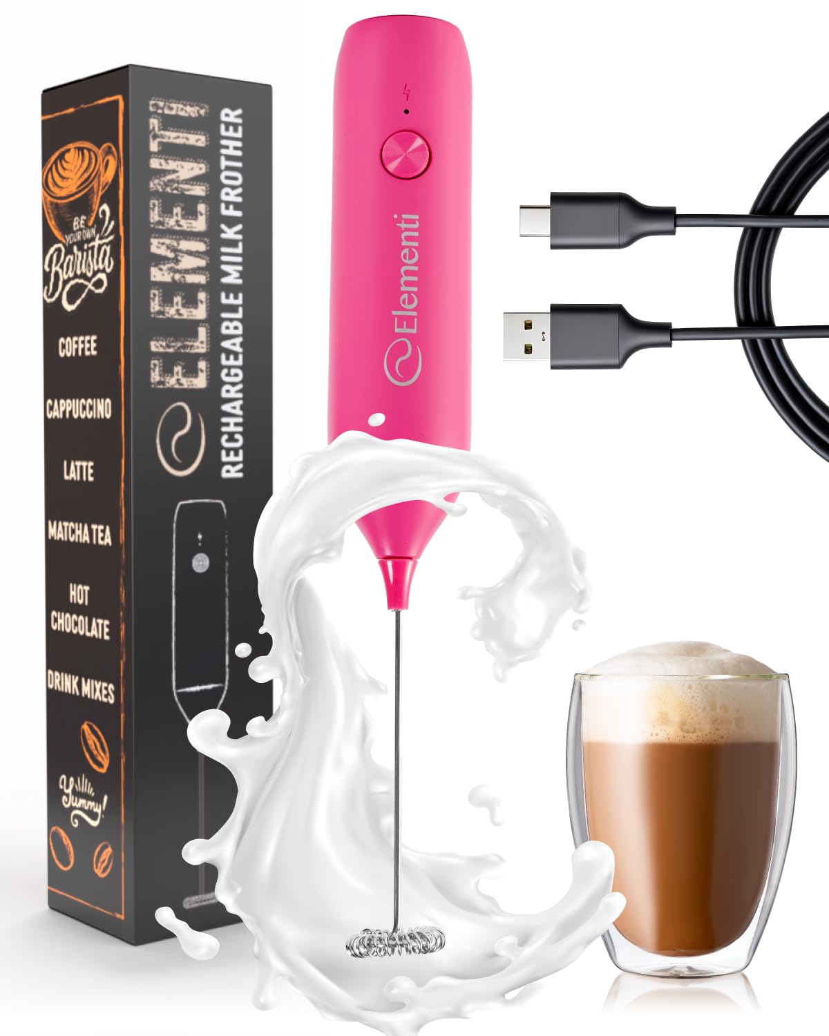 Amazon.com: Elementi Pink Milk Frother Wand Rechargeable Drink