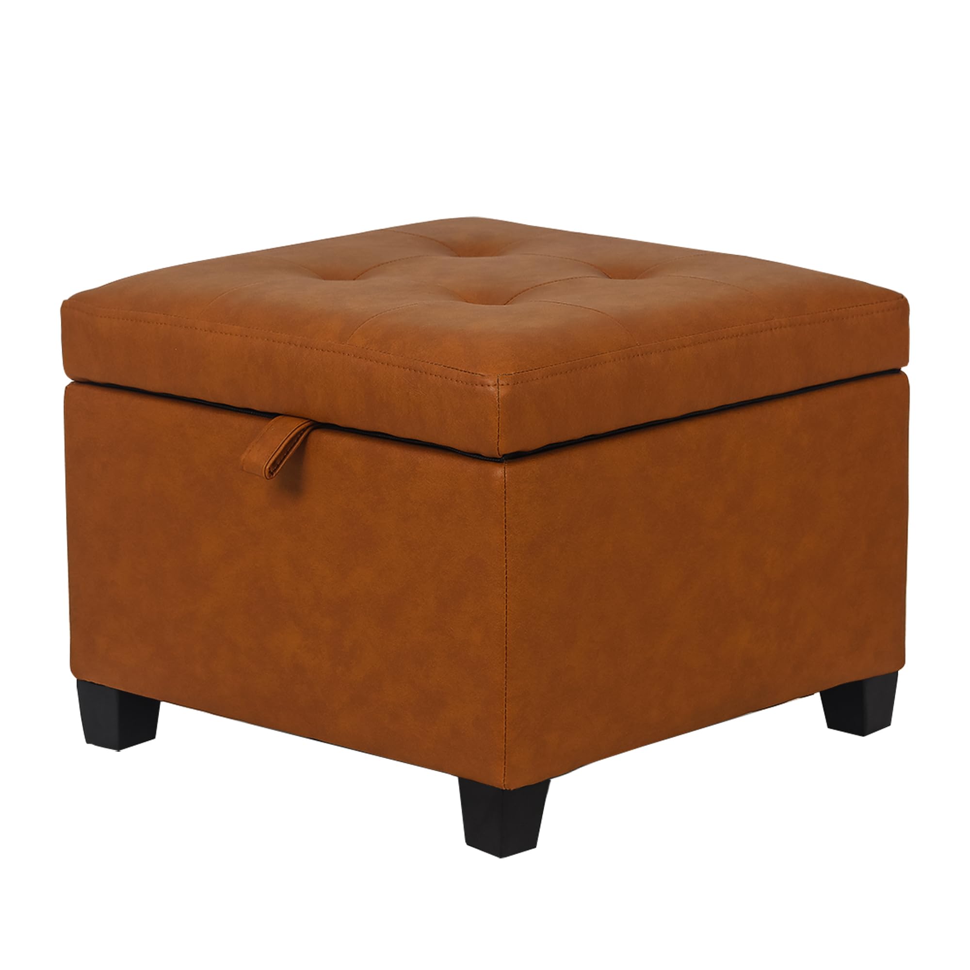 Adeco Faux Leather Storage Ottoman with Hinged Lid, 14 Inch High Orange Square Cube Foot Stool with Storage, Upholstered Vanity Stool with Solid Wood Legs for Living Room, Bedroom, Dorm