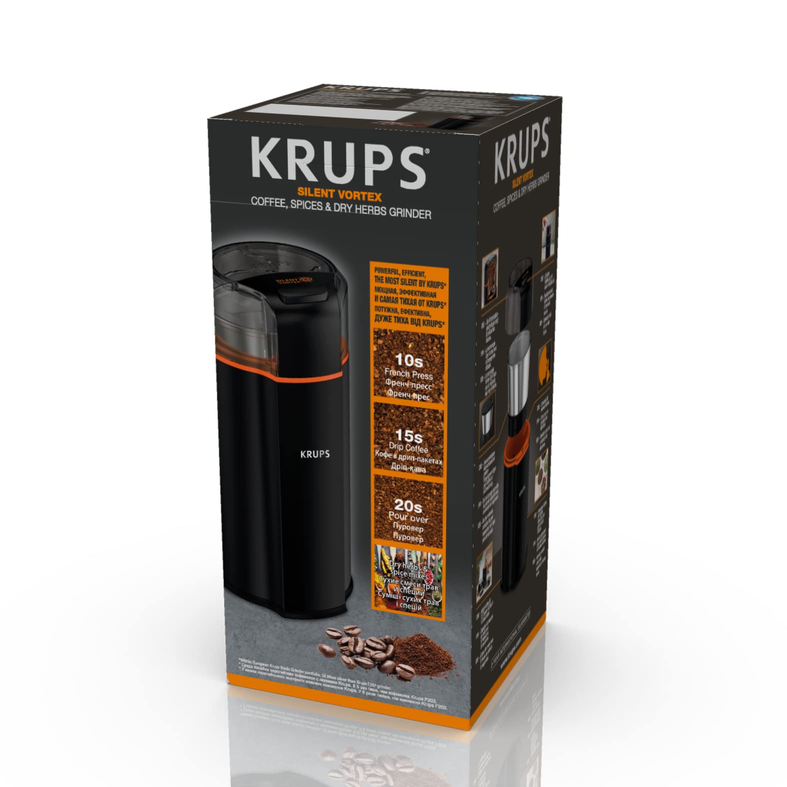 Krups Moulin à café électrique, Lame en acier inoxydable, Puissance 175 W, Broyeur grain silencieux et polyvalent, Compatible lave-vaisselle, Fonctionnement simple, Silent Vortex, Noir GX332810
