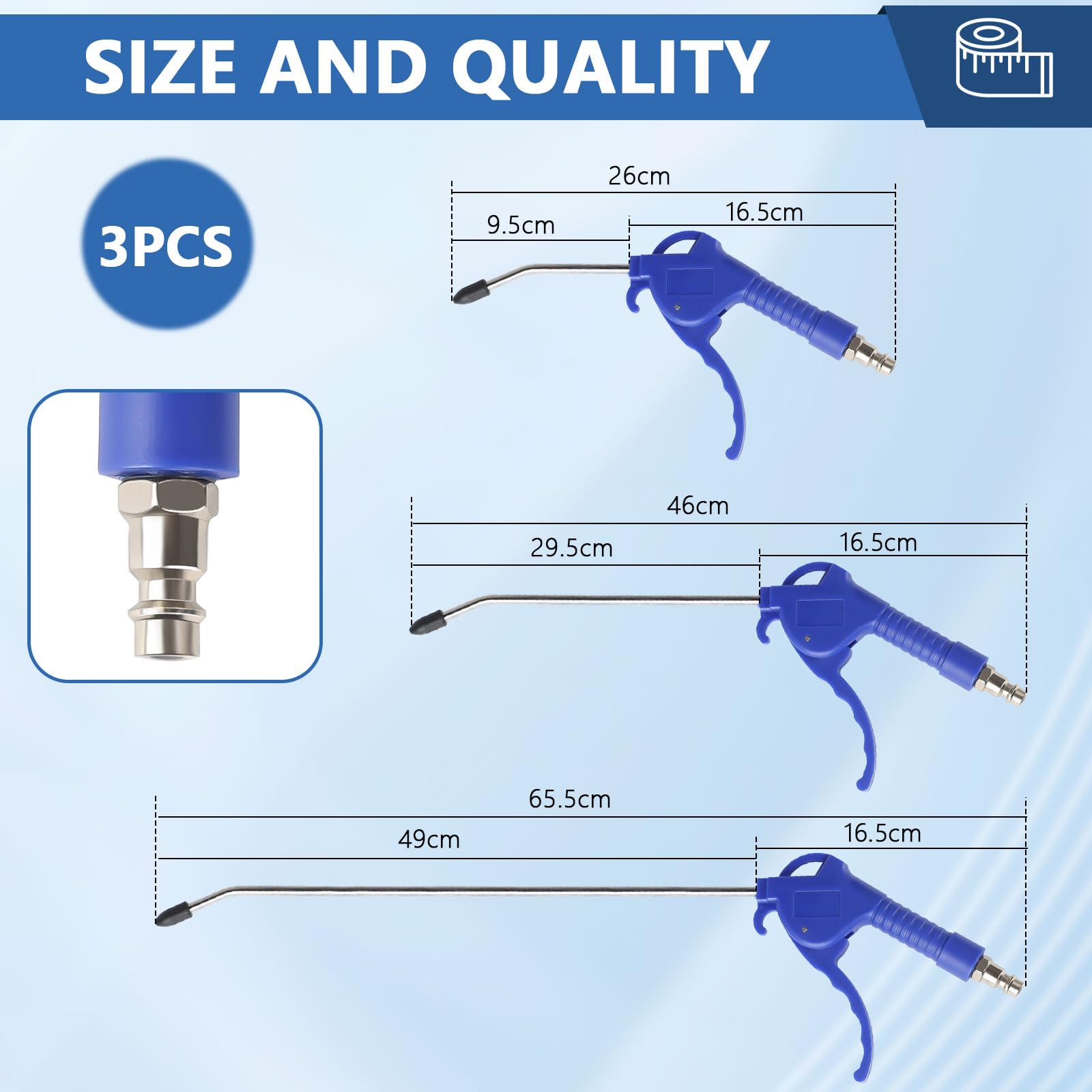 EXLECO 3 x Compressed Air Pistol Blow Gun Compressed Air 95 mm 295 mm 490 mm Blow Pipe Air Pressure Gun Compressor Air Gun with 1/4 Inch Connection Air Blow Gun Plastic Housing Max. 8 Bar Yellow - Image 2