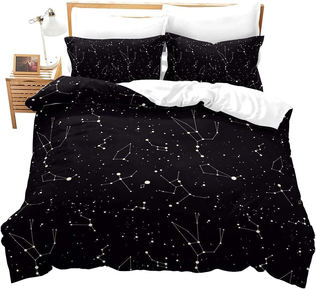 Galaxy Constellation Bedding Set Double Universe Planets Decor Duvet Cover Black Bedding Outer Space Bed Sets Teens Kids Starry Sky Series Quilt Cover Soft Bed Cover Black White Galaxy Bedding