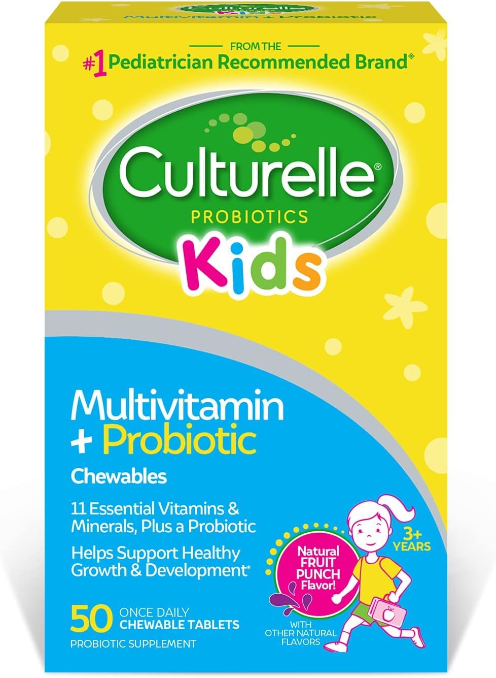 Culturelle Kids Multivitamin + Probiotic Chewable, Ages 3+, 50 Count | From the #1 Pediatrician-Recommended Brand± Promotes D