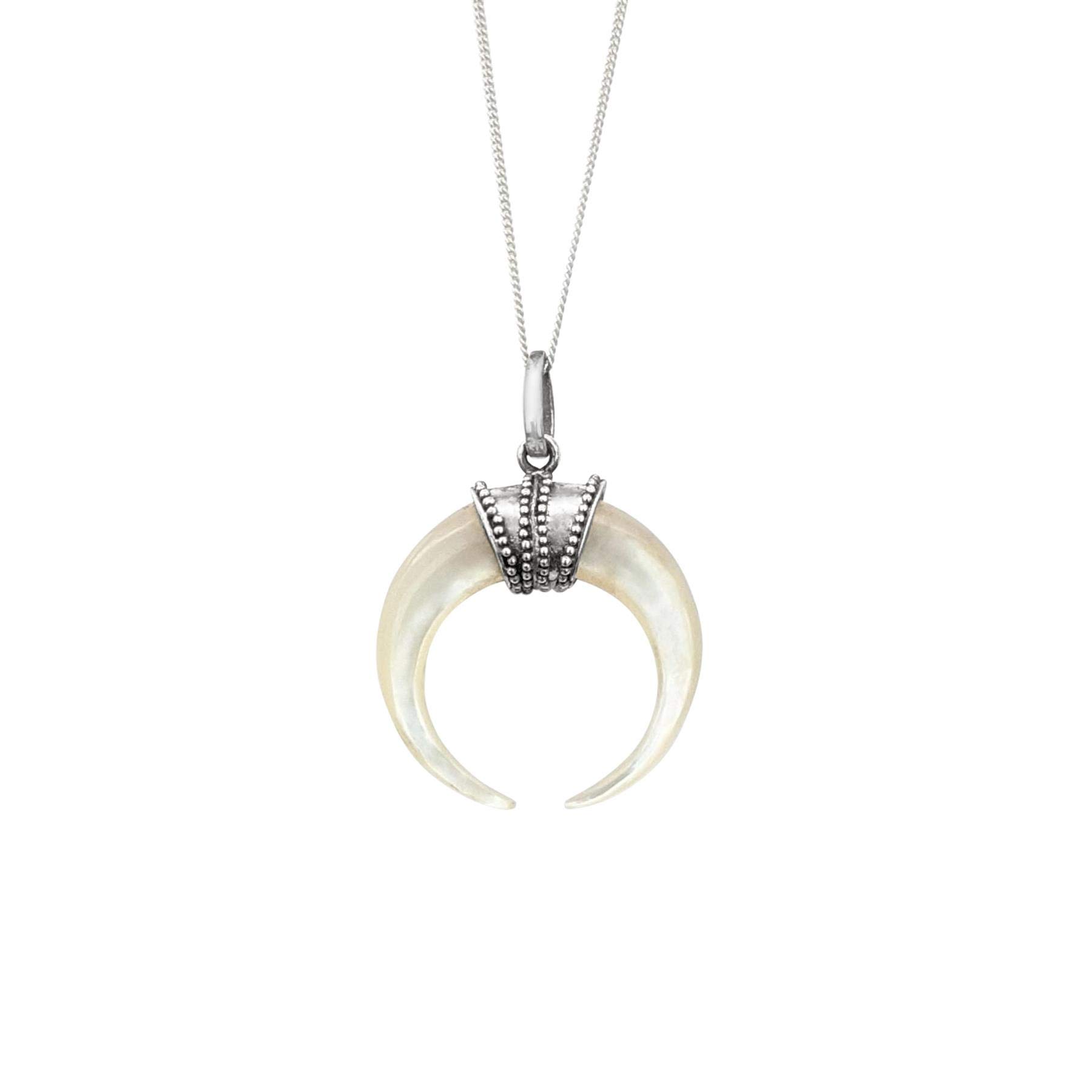 81stgeneration Colgante de Doble Cuerno de Nácar en Plata 925 con Cadena Barbada | Collar de Plata de Ley con Colgante de Media Luna Celestial | Joyería con Símbolo Cósmico | Diseño Bohemio