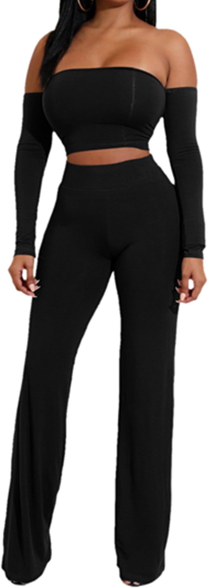 AVINE Womens Sexy High Waist Wide Leg Two Pieces Jumpsuit Bandeau Top Flared Trousers Pants (Large, Long Sleeve-Black)