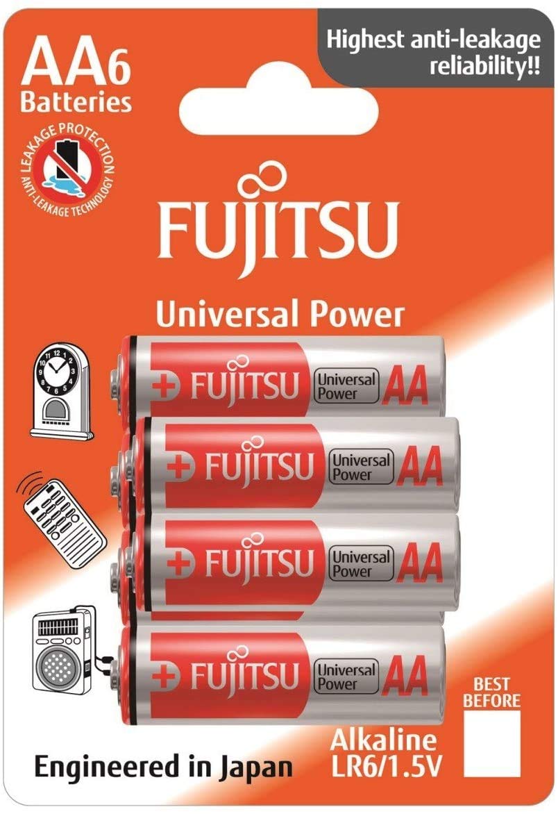 Fujitsu Universal AA Alkaline Battery, LR6, 1.5 Volts, Double A - Pack of 6 Batteries (6 Count)