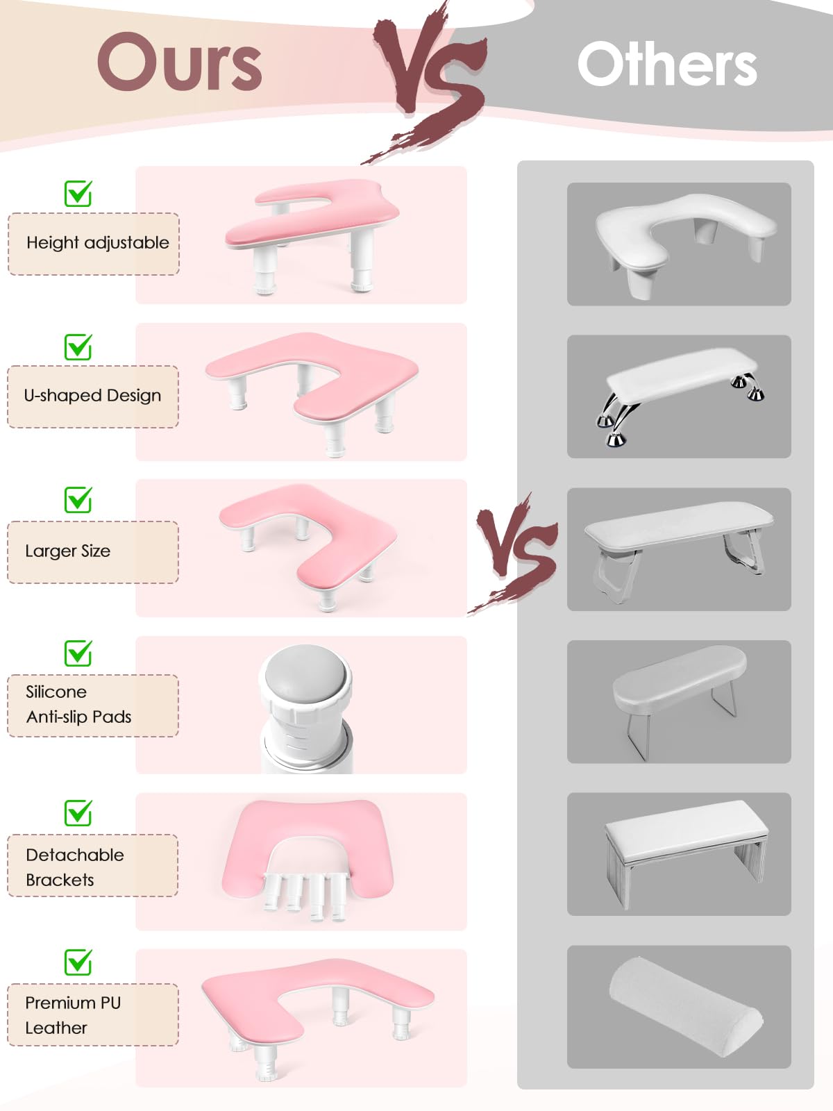 Bracciolo per mano a forma di U, poggiamani per unghie, colore rosa, per amanti della nail art, salone di nail art, per principianti e professionisti（Rosa)