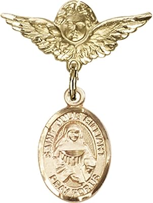 Gold Filled Baby Badge with St. Julie Billiart Charm and Angel w/Wings Badge Pin 1 X 3/4 inches