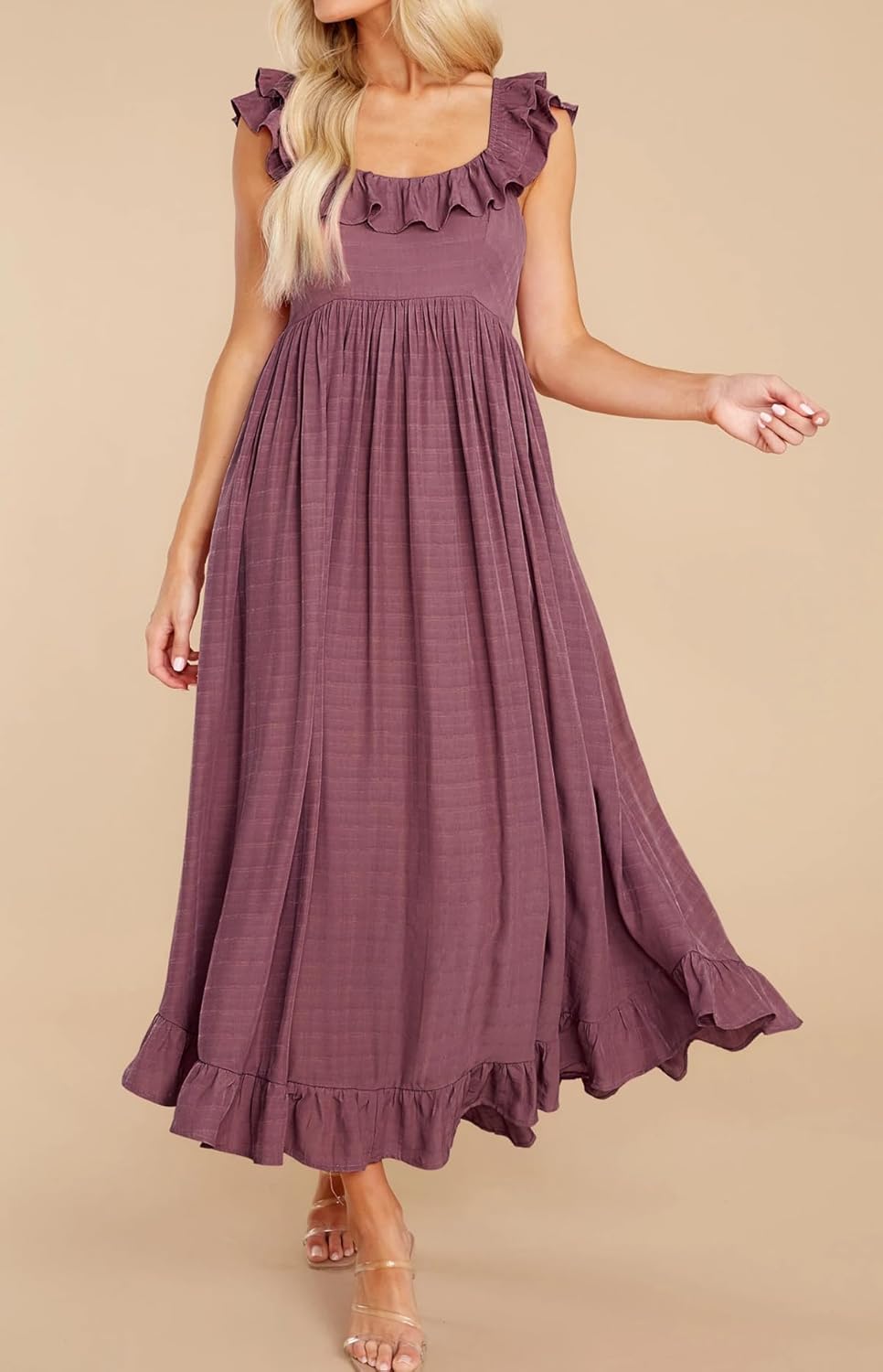 R.Vivimos Summer Dress for Women Sleeveless Boho Ruffle Square Neck Tie Back Casual Backless Flowy Midi Dress - Image 4