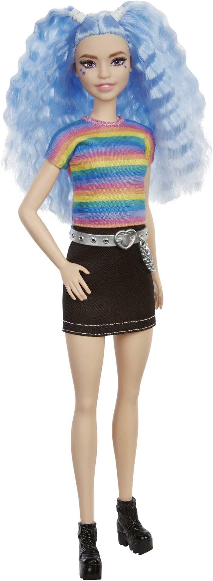 Fashionistas Doll with Long Blue Crimped Hair, Star Face Makeup, Multi-Color Striped Tee, Denim Skirt, Black Boots & Silvery Chain Belt, Toy for Kids 3 to 8 Years Old