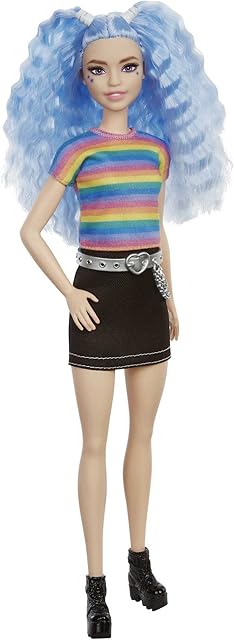 Barbie Fashionistas Doll #170 with Long Blue Crimped Hair, Star Face Makeup, Multi-colour Striped Tee, Denim Skirt, Black Boots & Silvery Chain Belt, Toy for Kids 3 to 8 Years Old, GRB61