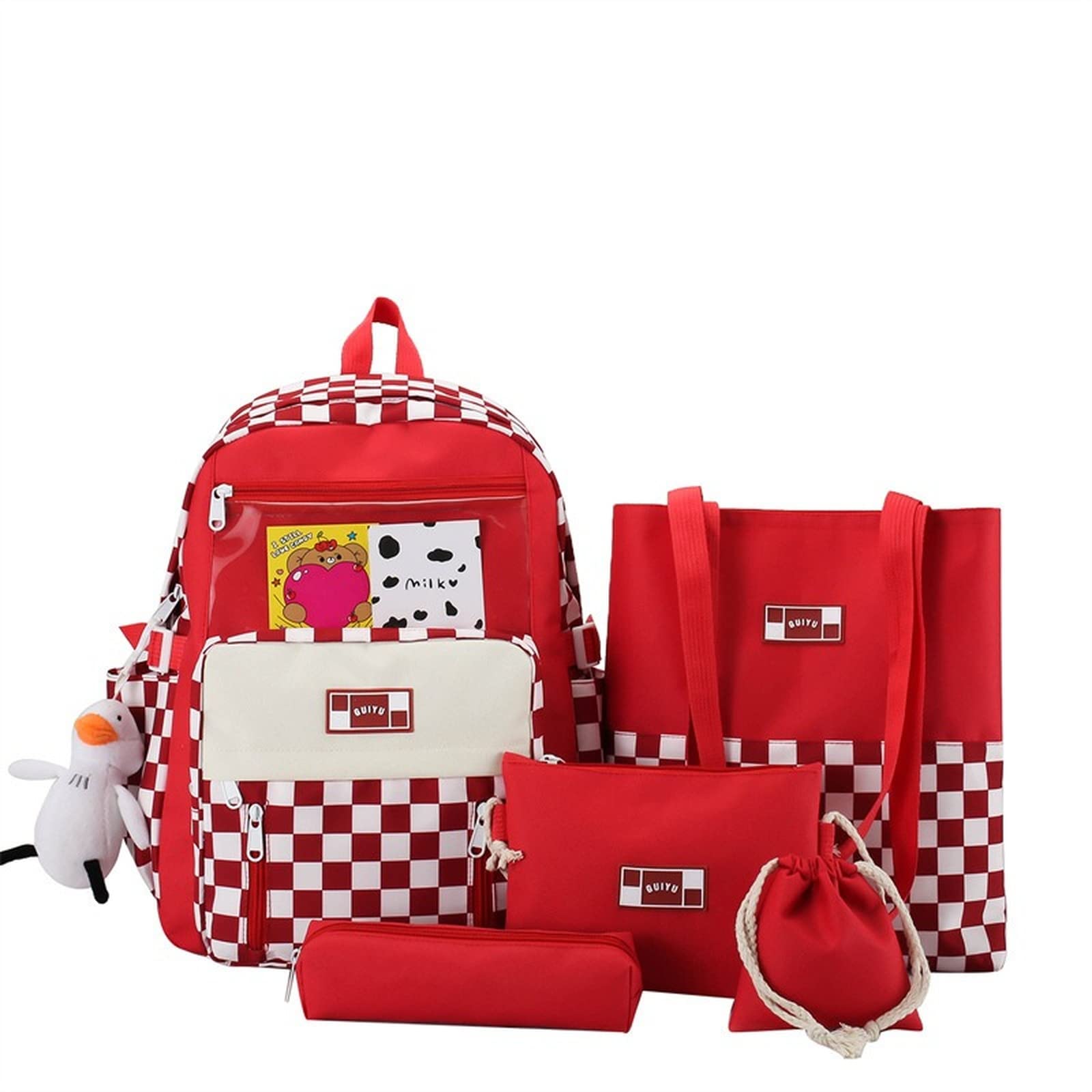 AobionoKawaii Backpack Cute 5Pcs Set School Bag Aesthetic with Pin Duck Pendant JK Plaid Accessories Japanese Ita Bag Lovely, Red, Large, Daypack Backpacks