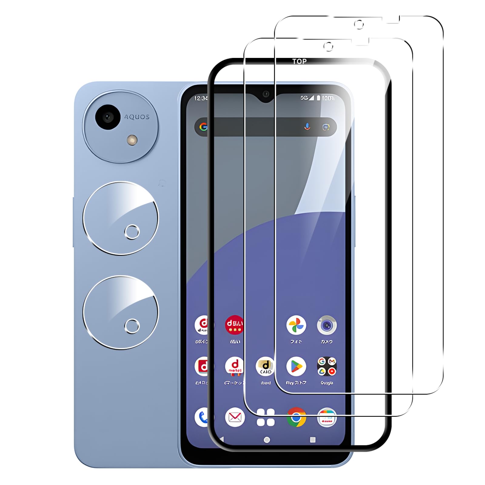 対応 Aquos Wish5フィルム ガイド枠付き【2+2枚 日本旭硝子製 】 対応 Aquos Wish5ガラスフィルム + カメラフィルム 2枚 保護フィルム 全面保護 レンズ保護フィルム 硬度9H 飛散防止 撥油性 防指紋 高透過率 自動吸着